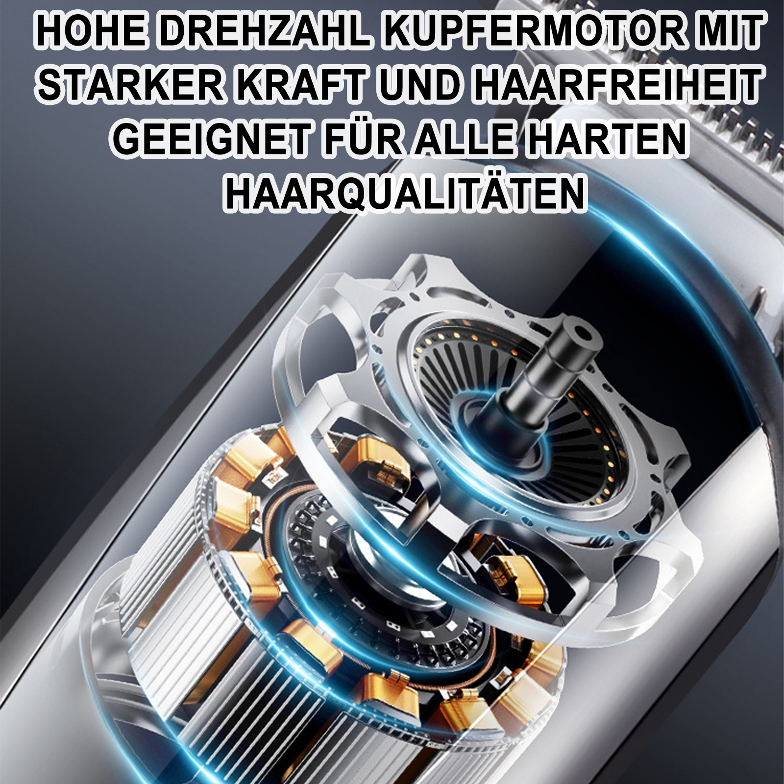 Nahaufnahme des Motors eines Trimmers. Der Motor ist silberfarben und hat komplexe interne Komponenten.
