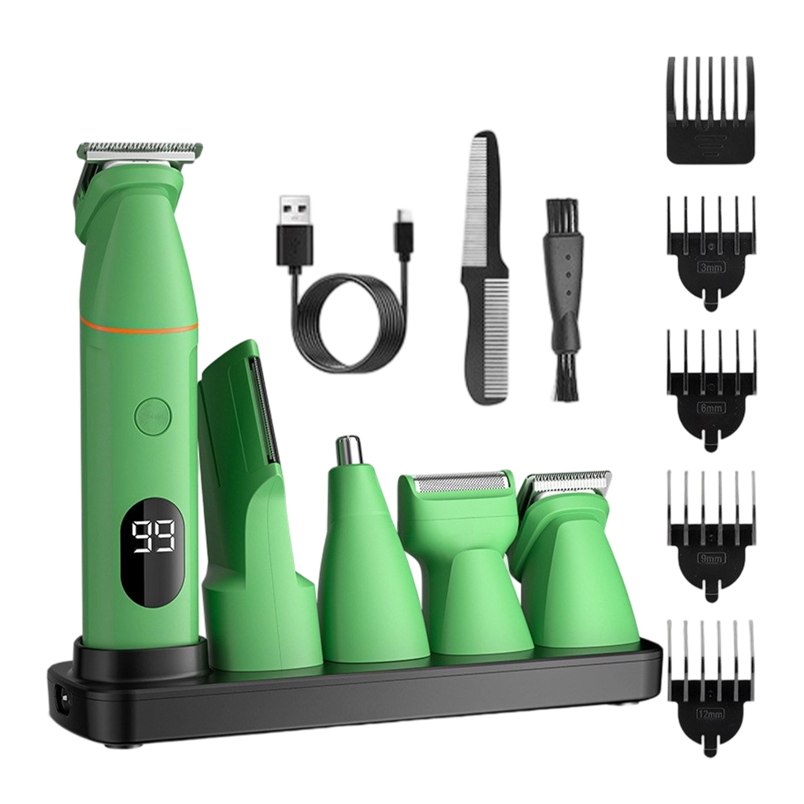 Ein grünes Haarschneideset mit verschiedenen Aufsätzen. Das Set enthält Trimmer, Kämme und Reinigungsbürste.