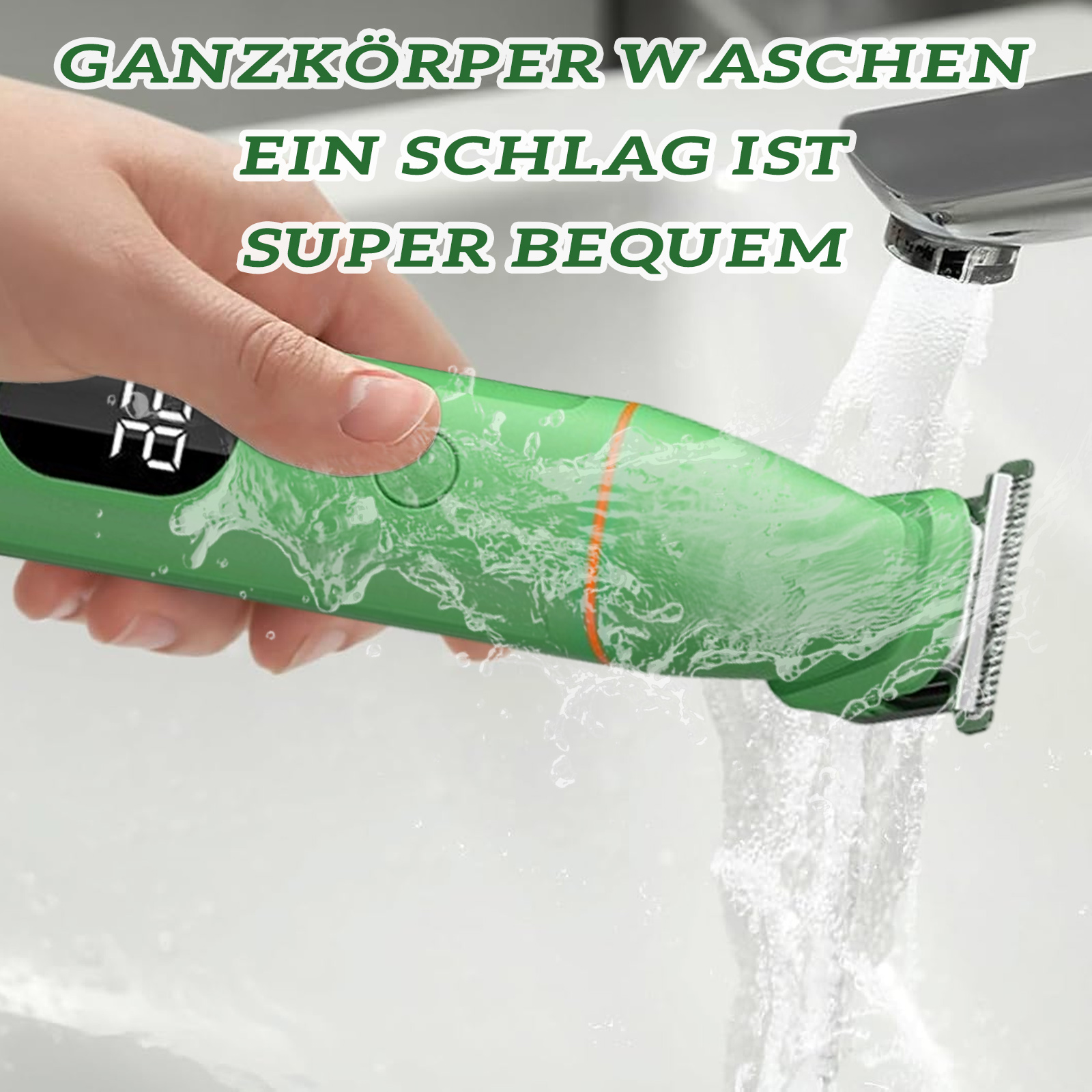 Ein grüner Trimmer steht unter fließendem Wasser. Der Text lautet 'EINFACH ZU REINIGEN'. Der Trimmer ist in einem Waschbecken.