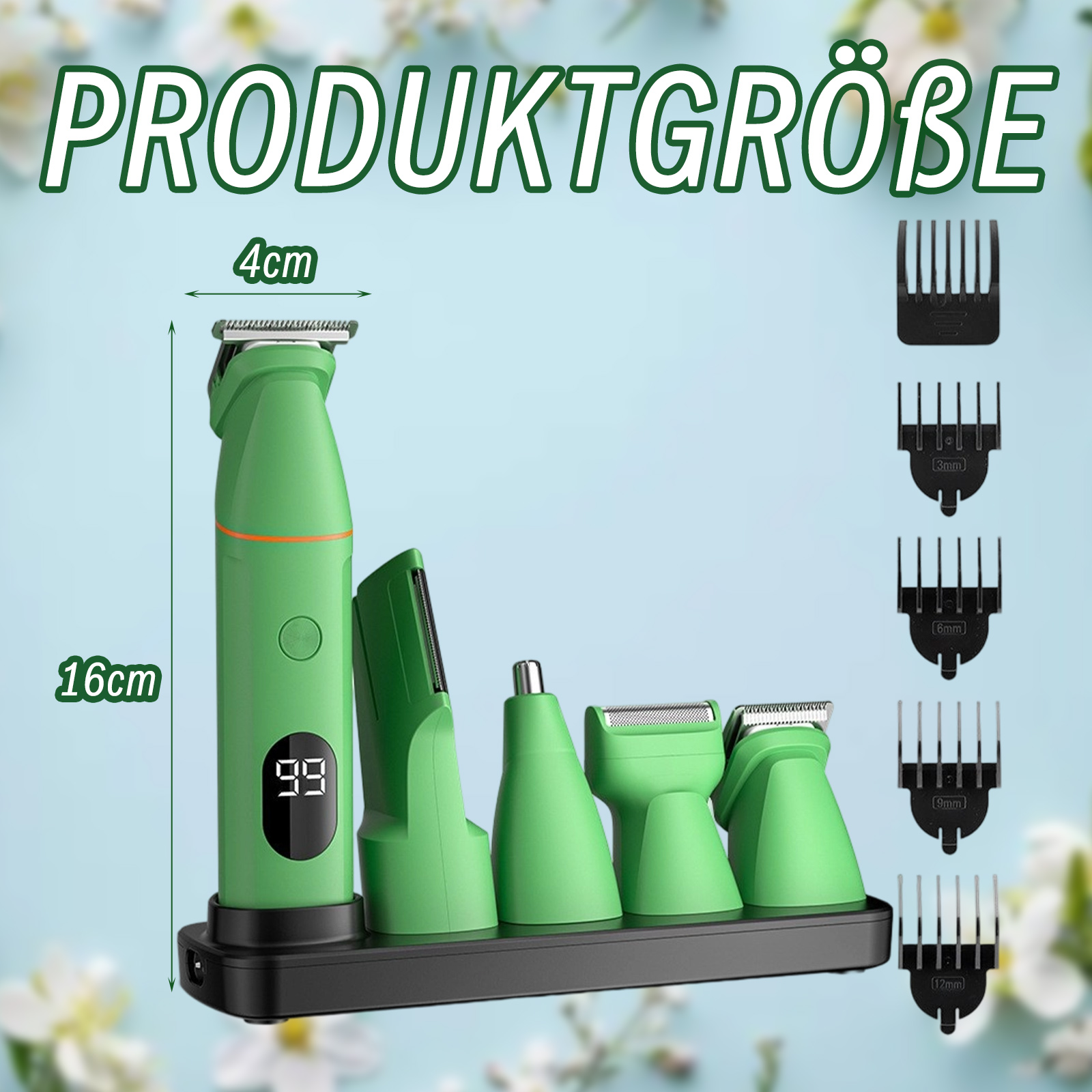 Ein grünes Haarschneideset mit Maßen. Es zeigt den Trimmer und die Aufsätze mit ihren Größen.