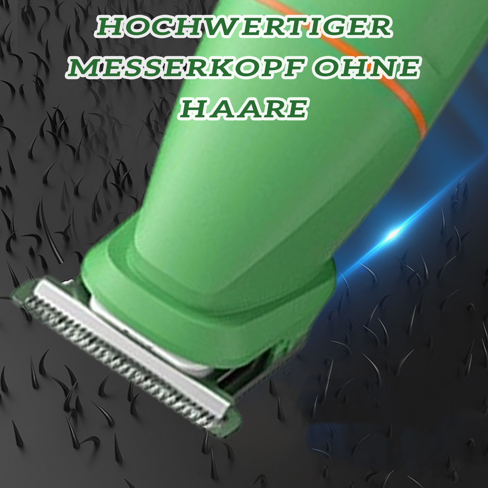 Nahaufnahme des grünen Trimmerkopfes. Rasierklingen sind sichtbar. Schwarze haarähnliche Formen befinden sich im Hintergrund.