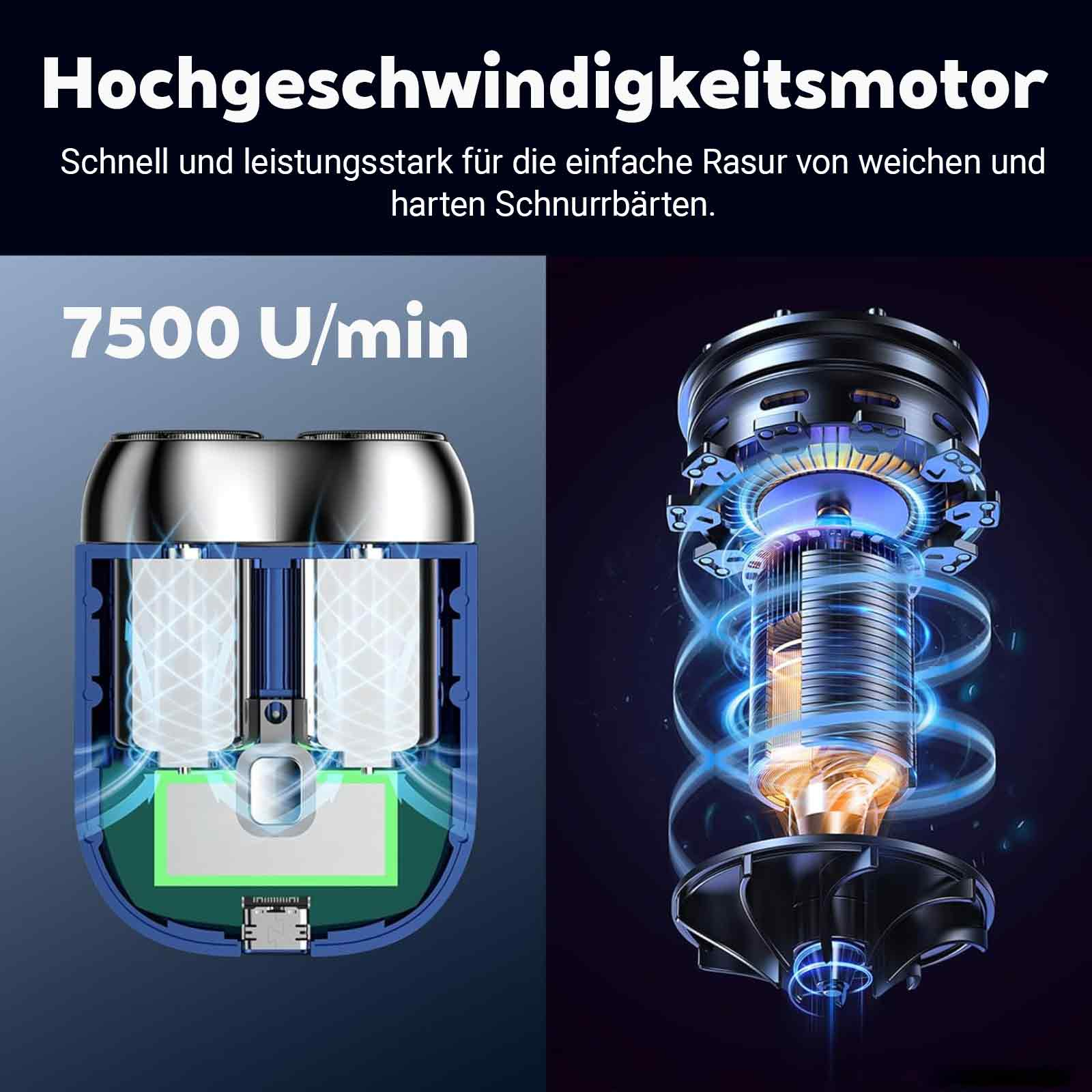 Nahaufnahme des Motors eines Elektrorasierers. Zeigt Innenteile und die Drehzahl (7500).
