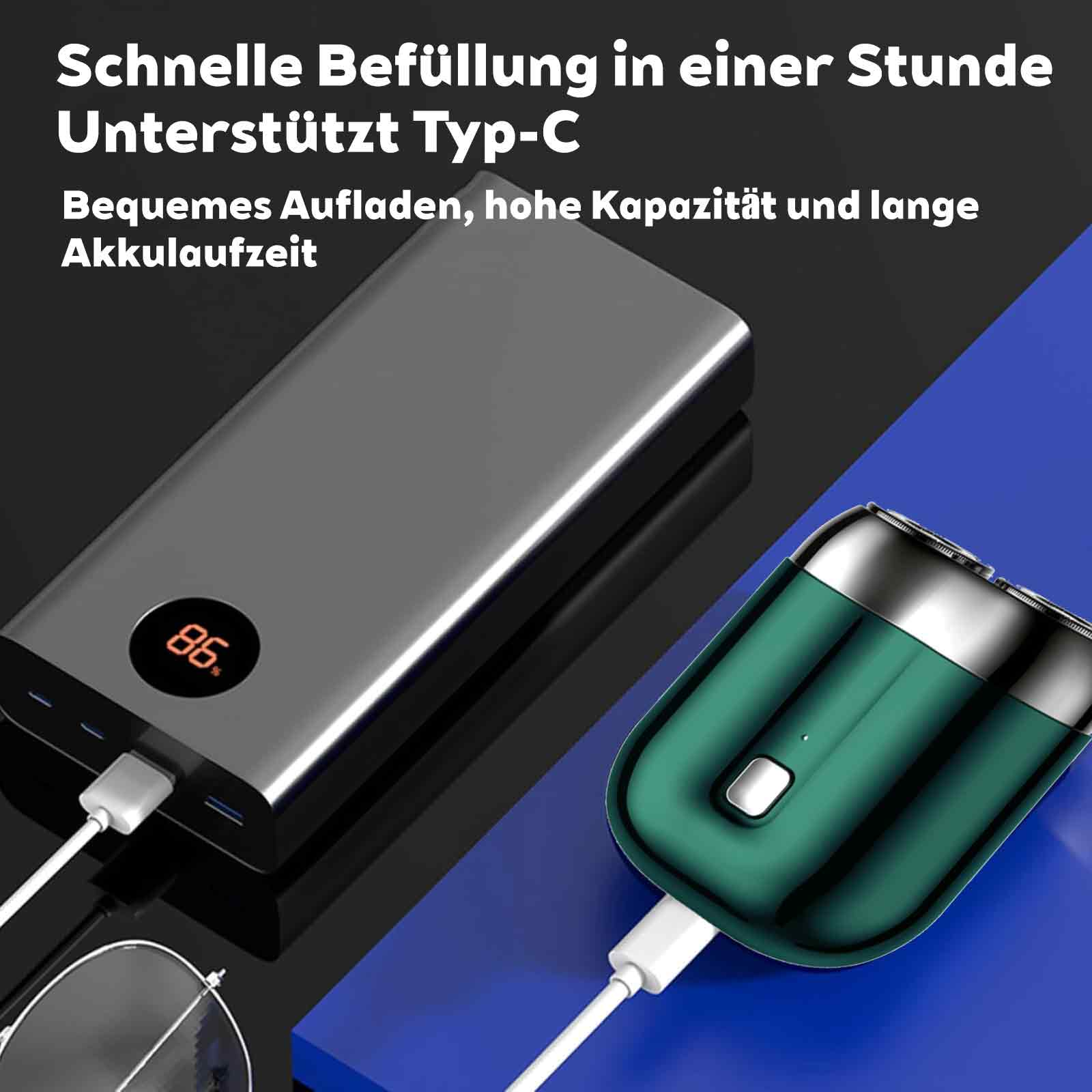 Powerbank, die einen grün-silbernen Elektrorasierer lädt. Zeigt ein Display mit 86 % und einen Ladeanschluss.