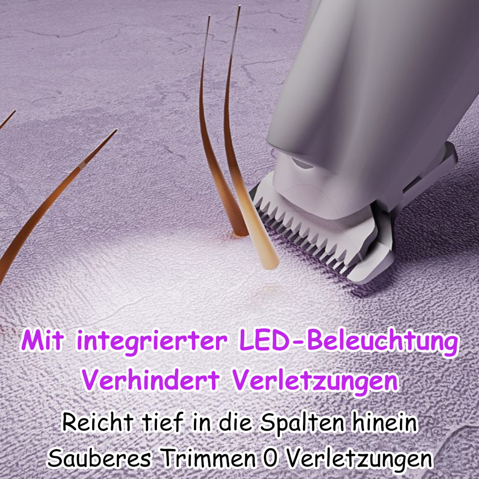 Haartrimmer, Nahaufnahme. Das Gerät schneidet Haare. Text: verhindert Verletzungen, sauberer Schnitt, LED-Licht.