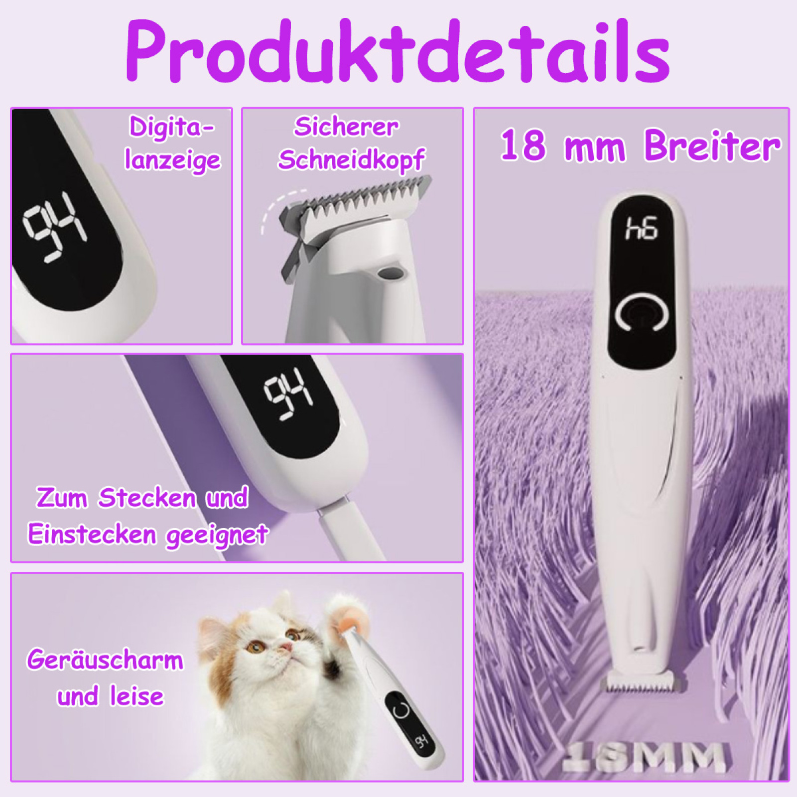 Weißer Elektrorasierer mit Display, Katze mit Rasierer.