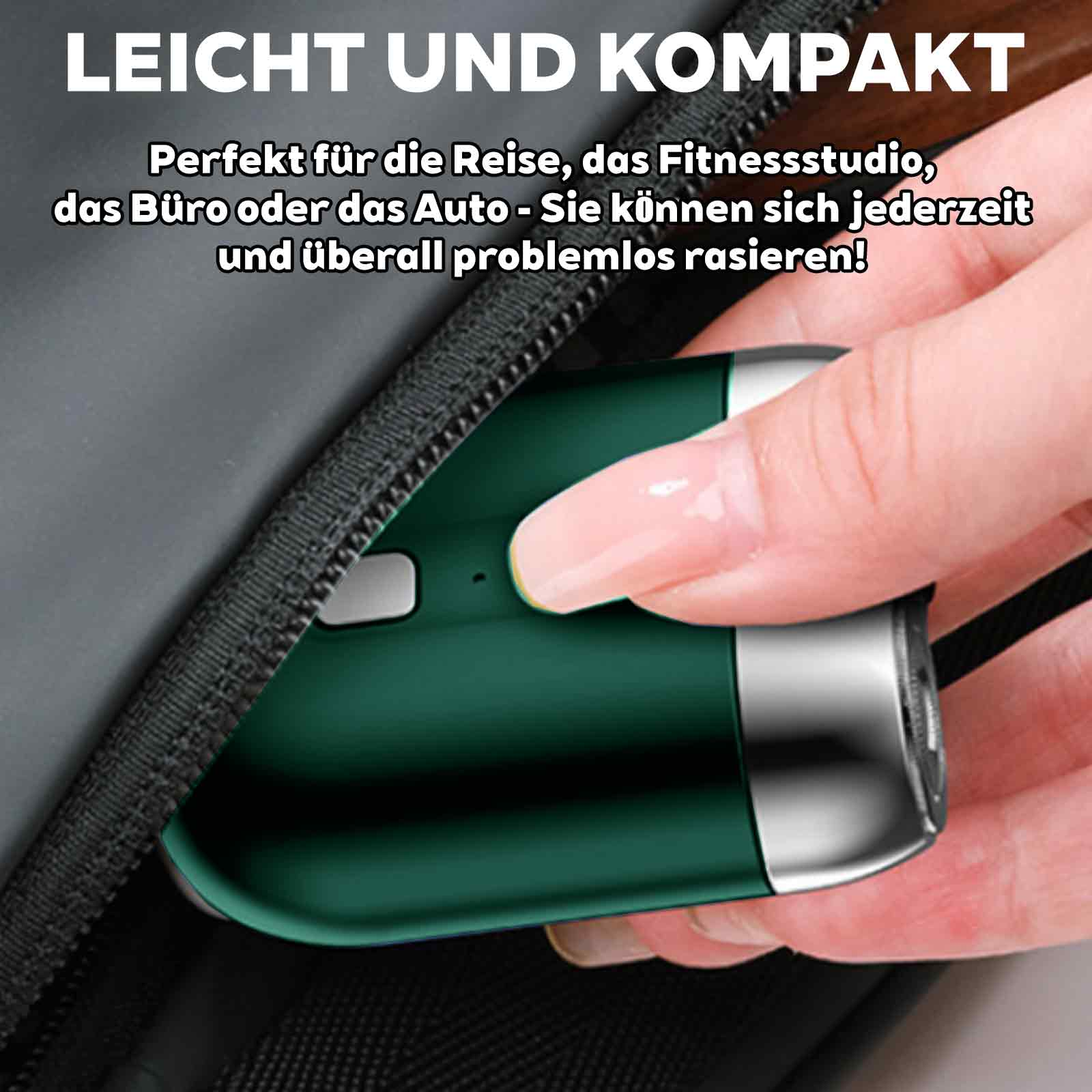 Grüner Elektrorasierer in einer schwarzen Tasche, in einer Reißverschlusstasche.