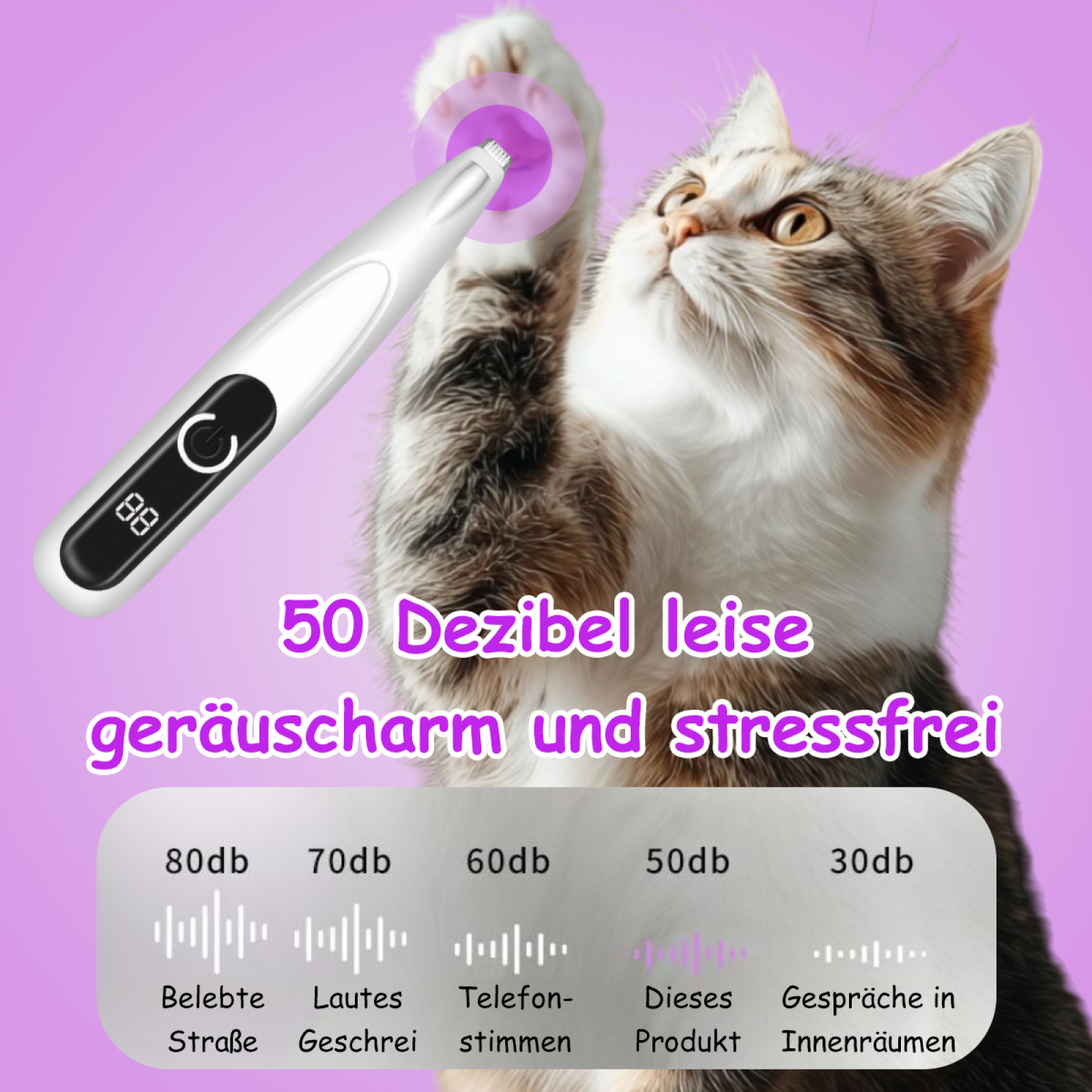 Katze mit elektrischem Gerät, Diagramm mit Schallpegeln. Text: 50 Dezibel. Text: stressfrei.