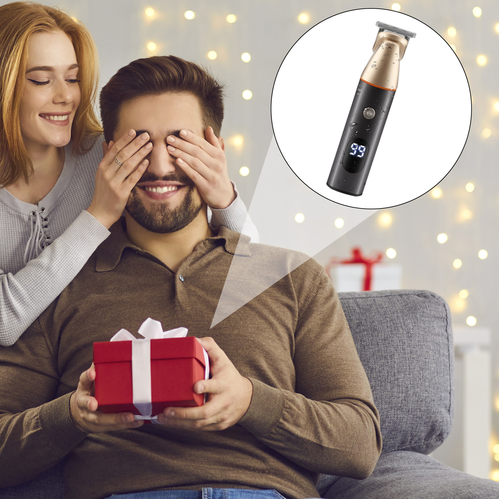 Mann bekommt Geschenk, Rasiererprodukt, von Frau. Detail des Produkts wird gezeigt.