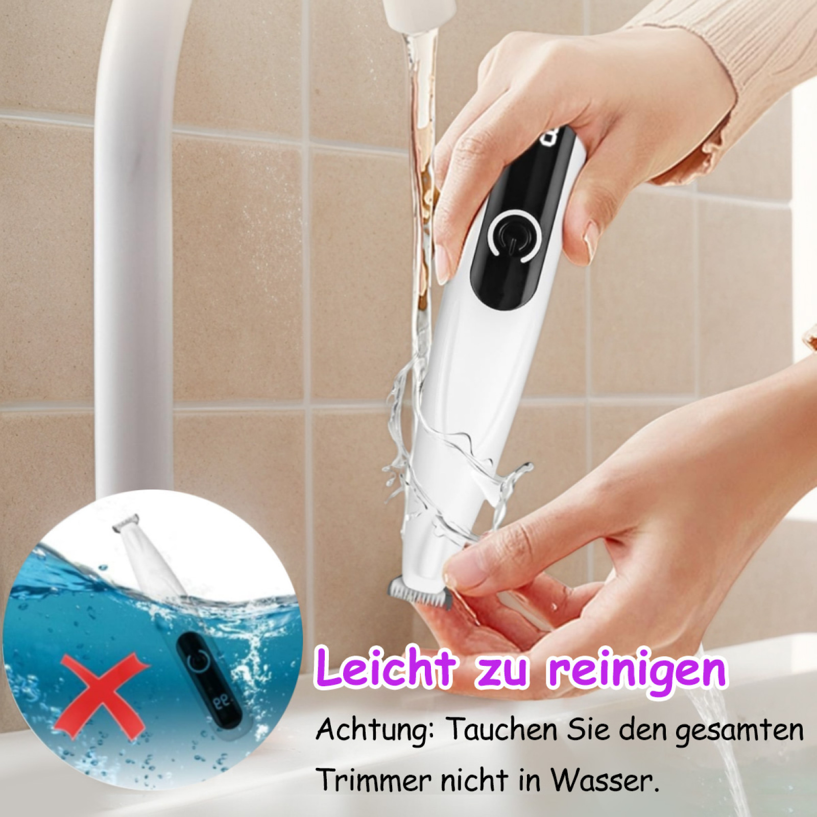 Hände waschen einen Rasierer. Der Rasierer ist in der Nähe des Wasserhahns.