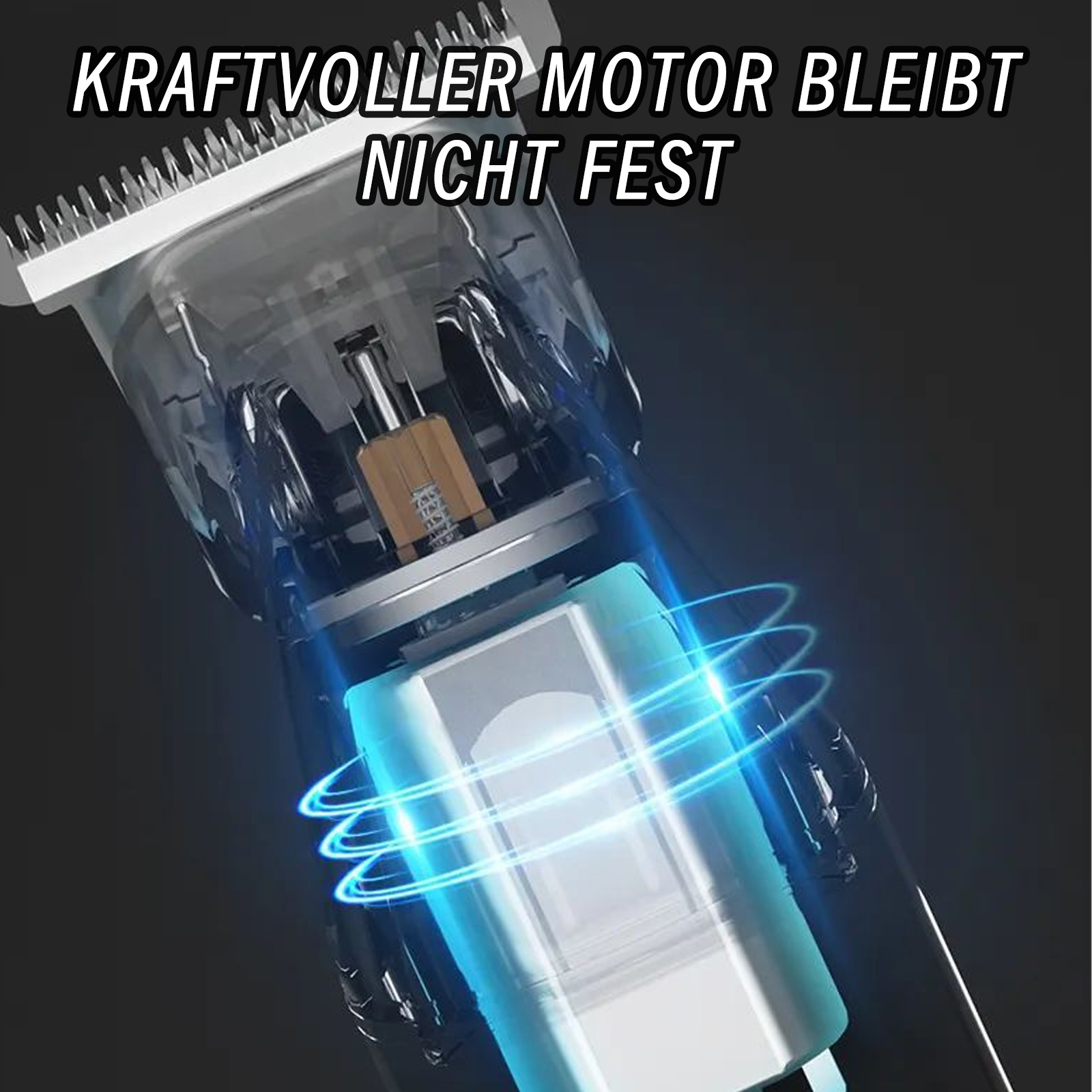 Nahaufnahme des inneren Mechanismus eines Elektrorasierers. Text: Leistungsstarker Motor bleibt unbefestigt.