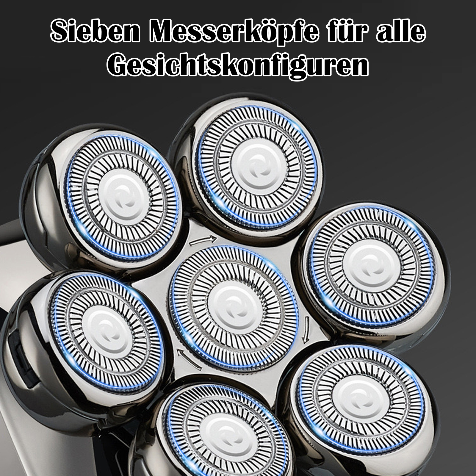 Nahaufnahme von Elektrorasiererköpfen mit blauen Highlights.