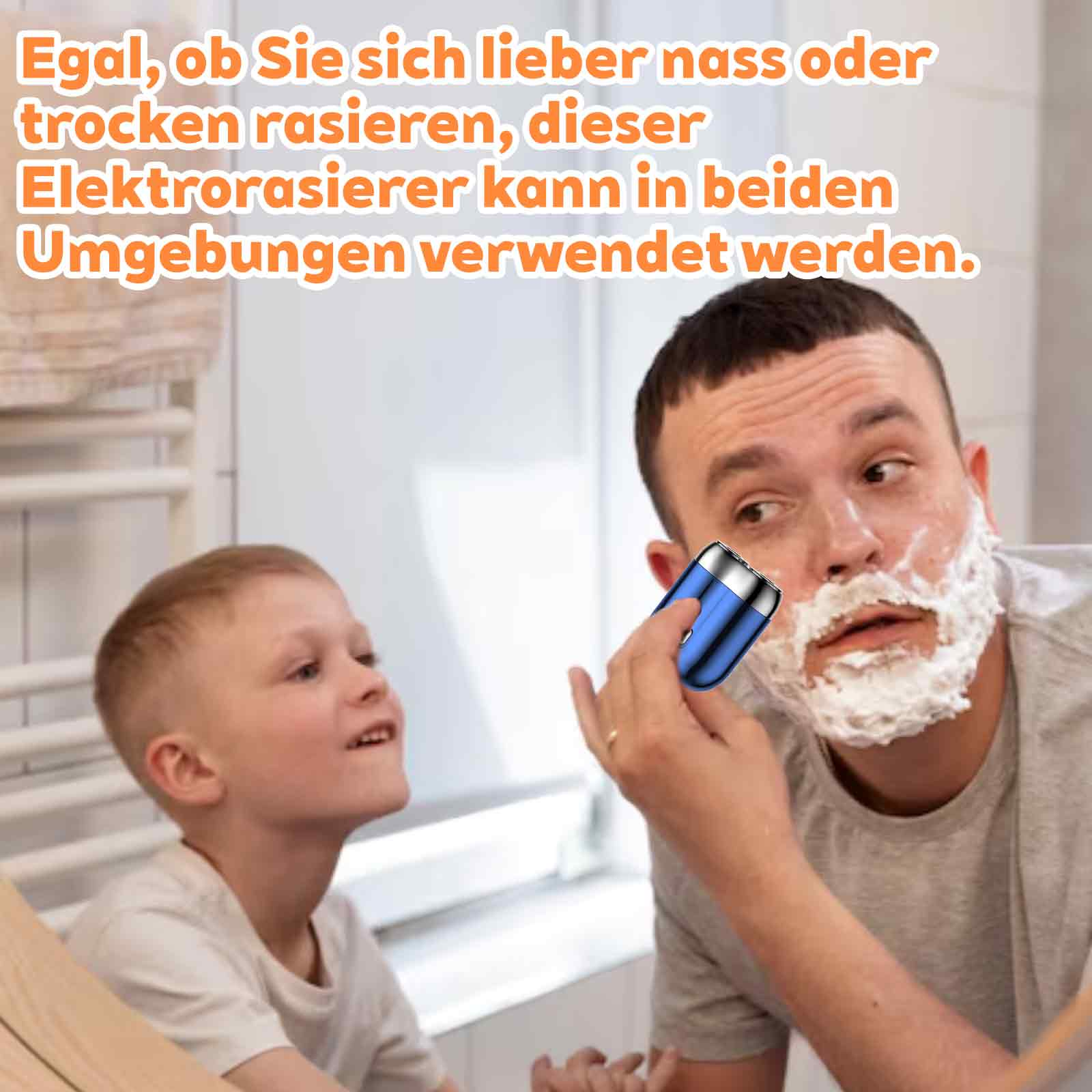 Vater und Sohn rasieren sich zusammen mit einem blauen Rasierer.