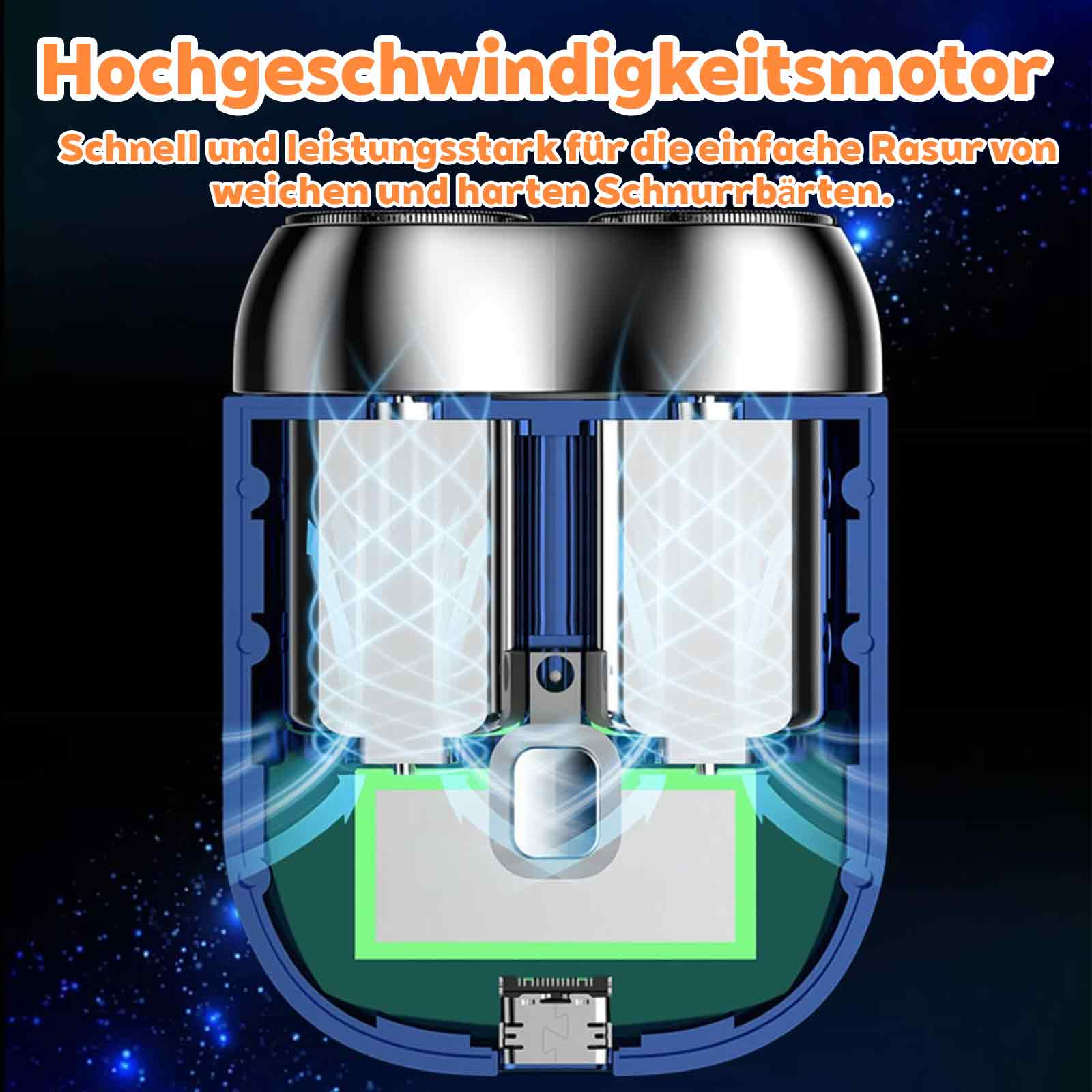 Nahaufnahme der Innenteile eines Elektrorasierers. Blaues Gehäuse, weiße Zylinder und grüne Details.