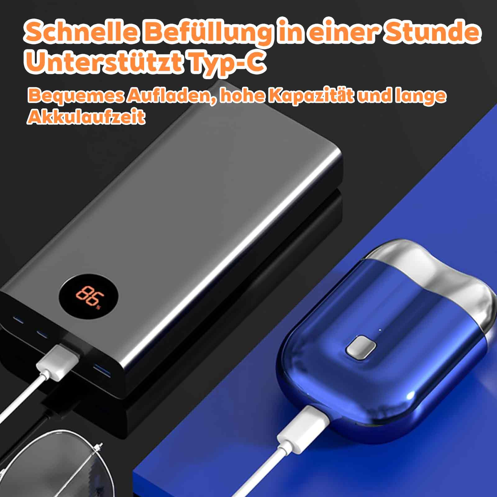 Eine Powerbank und ein blauer Rasierer liegen auf einer Oberfläche. Die Powerbank zeigt 86% Ladung an.