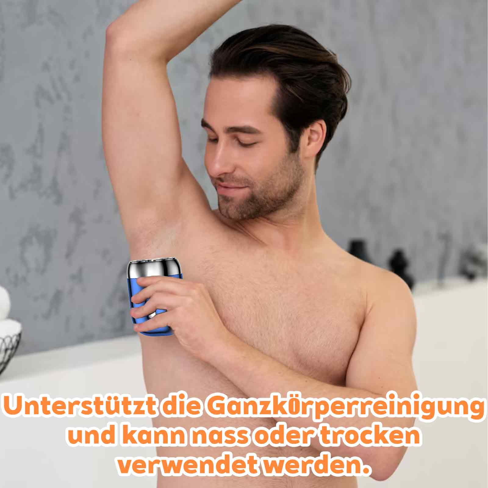 Mann rasiert Achselhöhle mit blauem Mini-Rasierer.