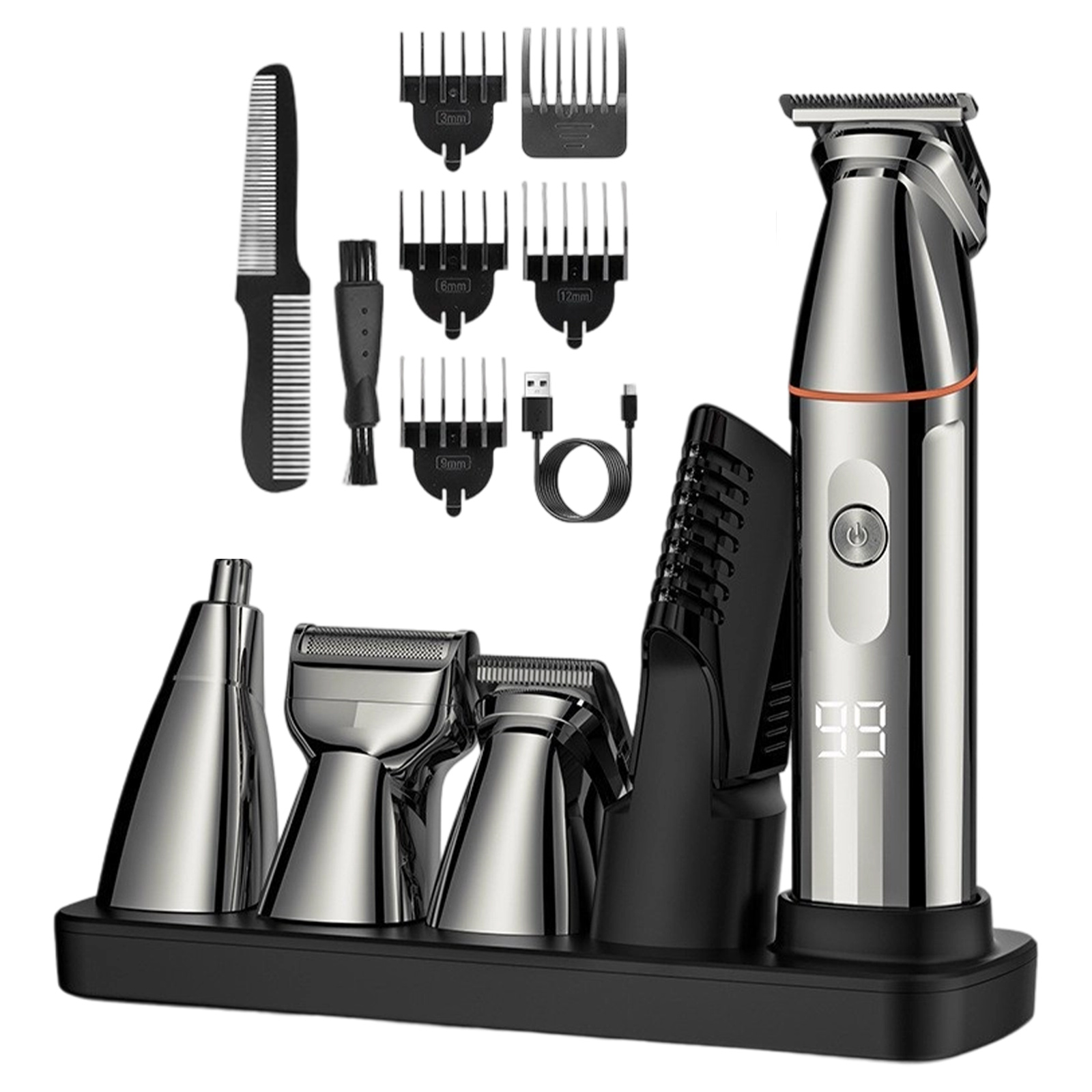 Ein Pflege-Set mit verschiedenen Trimmer-Aufsätzen und einem Trimmer auf schwarzer Basis.