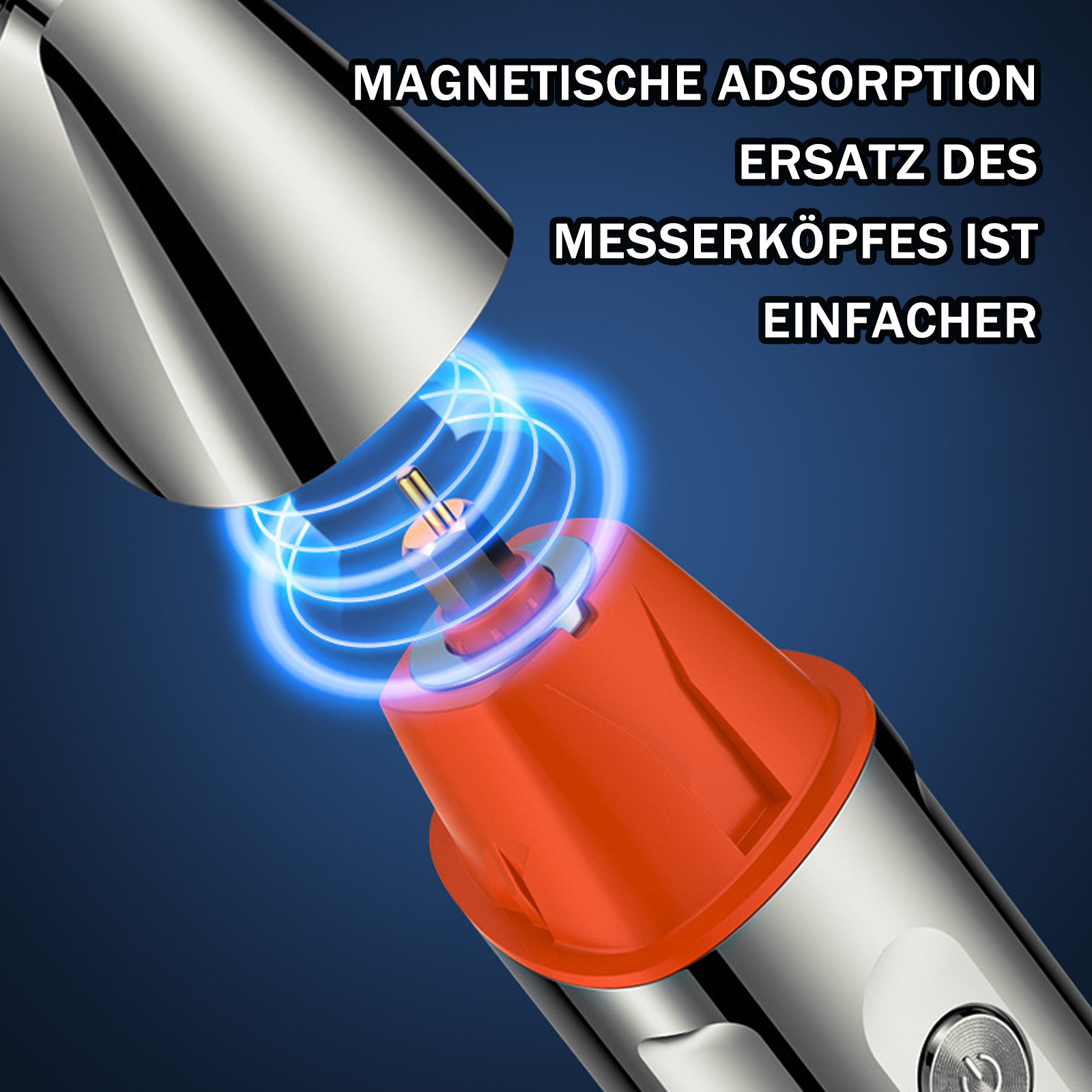 Nahaufnahme eines Rasiererkopfes. Die roten und silbernen Teile sind von blauen Energieringen umgeben.