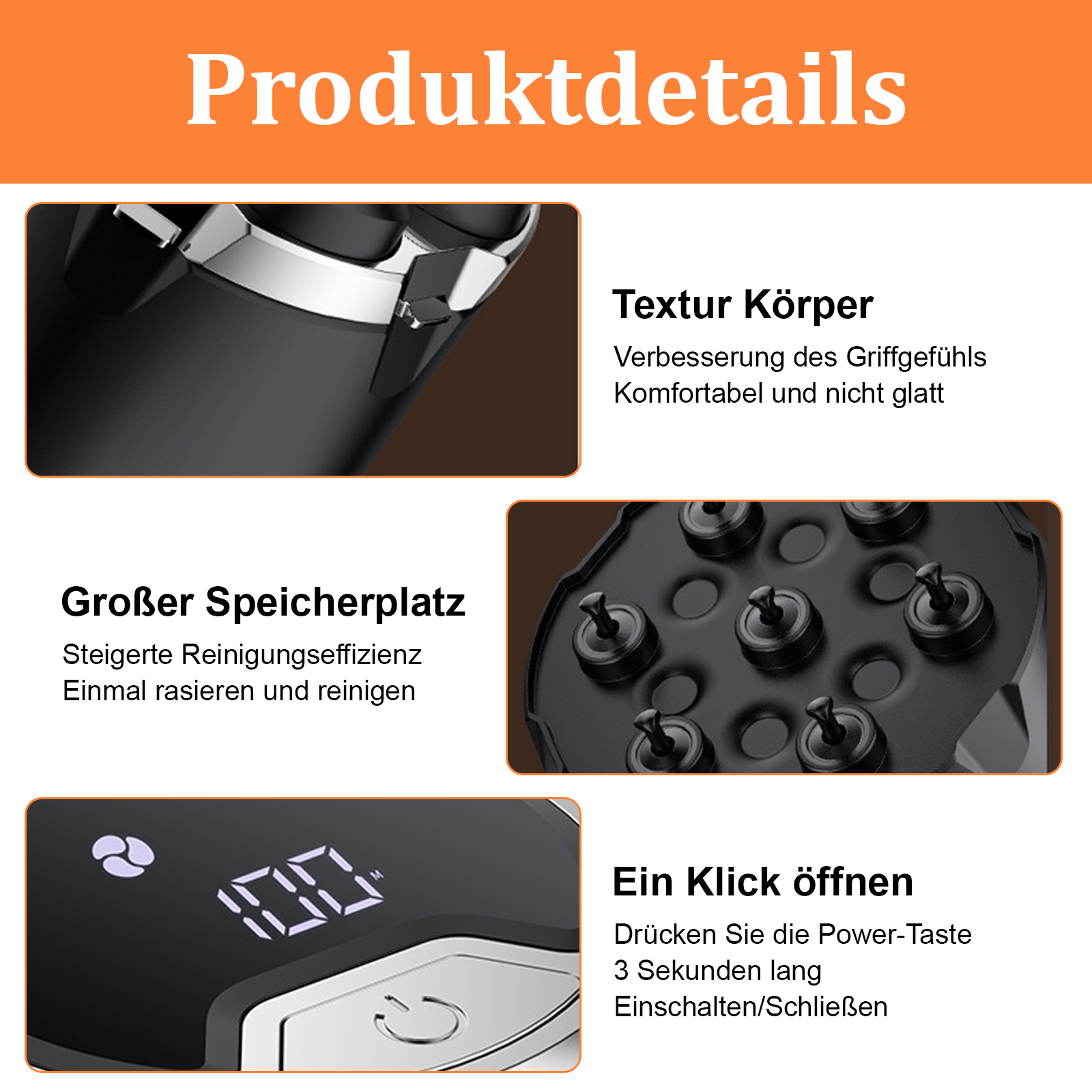 Nahaufnahme von Produktdetails, die Rasiererteile, schwarzen Körper und Digitalanzeige mit der Zahl 100 zeigen.