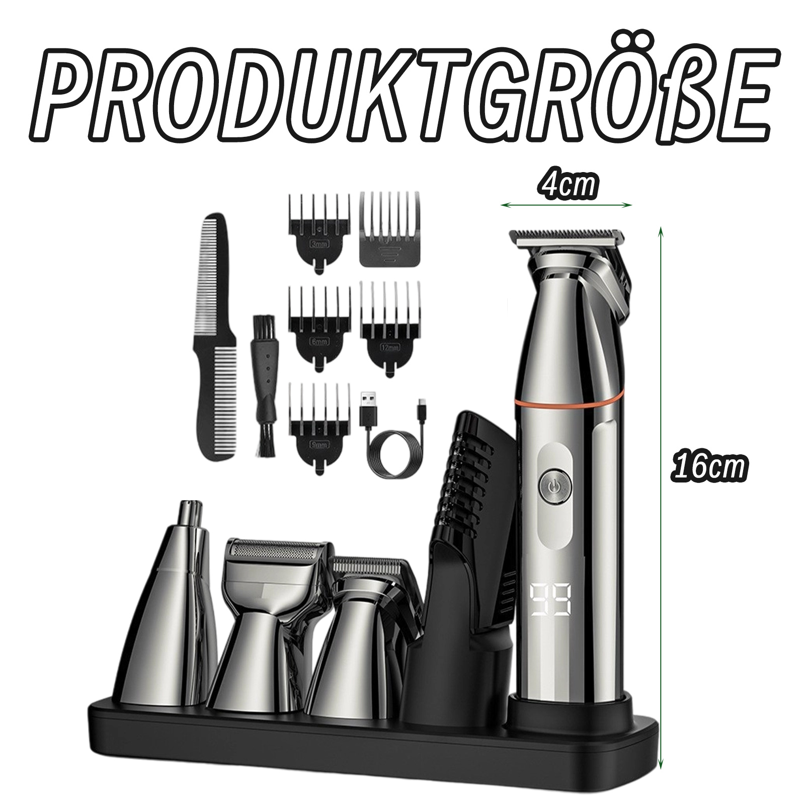 Produkt mit Aufsätzen, einschließlich Kämmen und Köpfen. Abmessungen: 16 cm hoch, 4 cm breit.