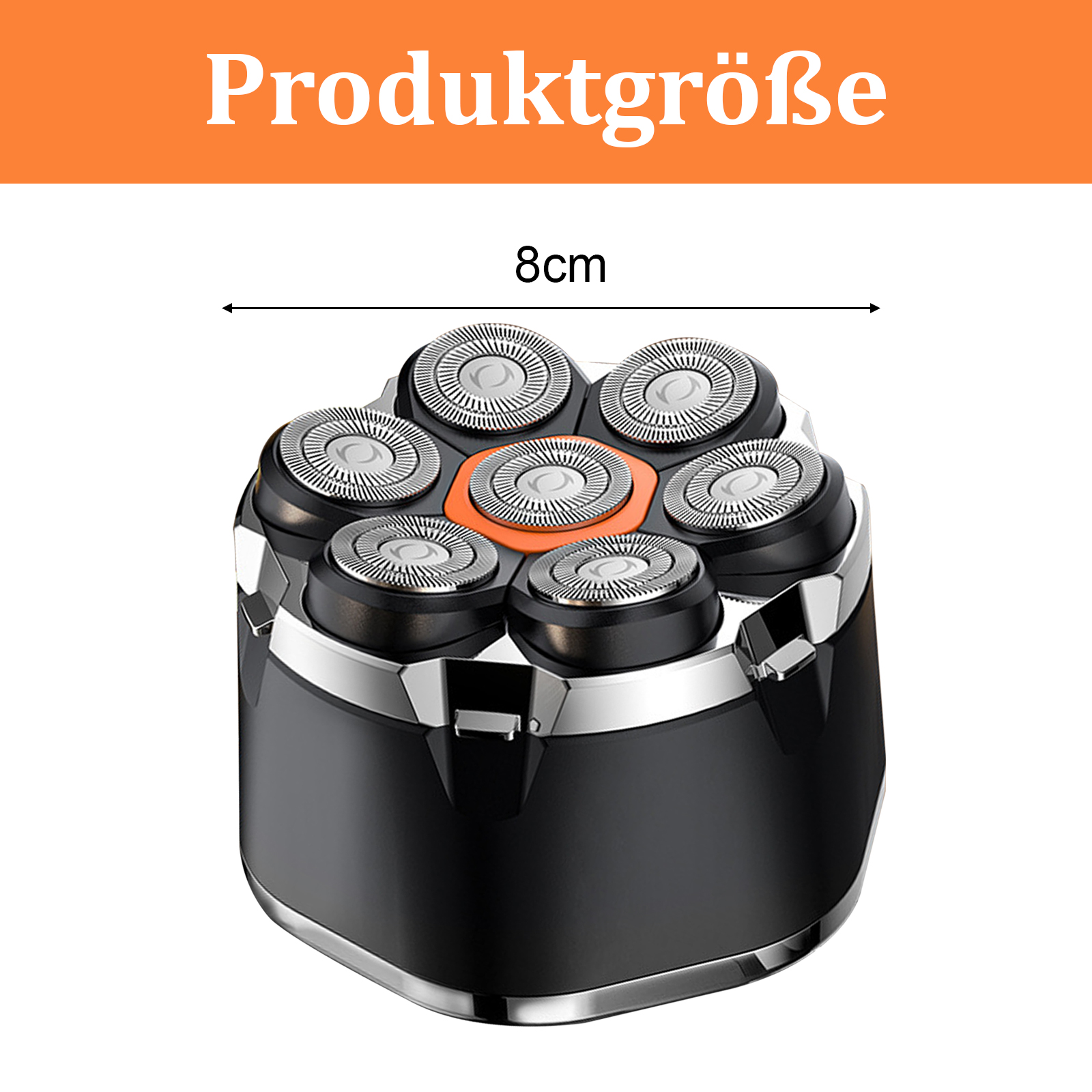 Nahaufnahme eines Rasiererkopfes, der die Klingen zeigt. Der Rasierer ist schwarz und silberfarben. Das Maß beträgt 8 cm.