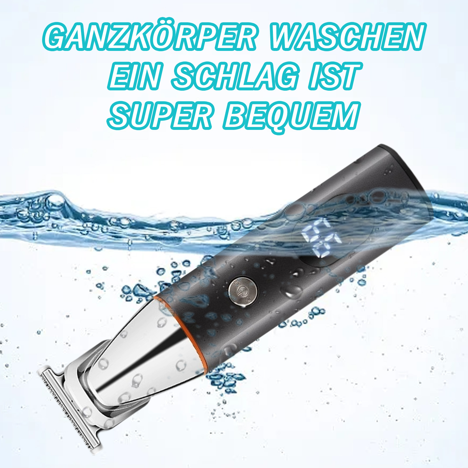 Ein Rasierer im Wasser, mit Wassertropfen darum. Der Rasierer zeigt eine digitale Zahl an.