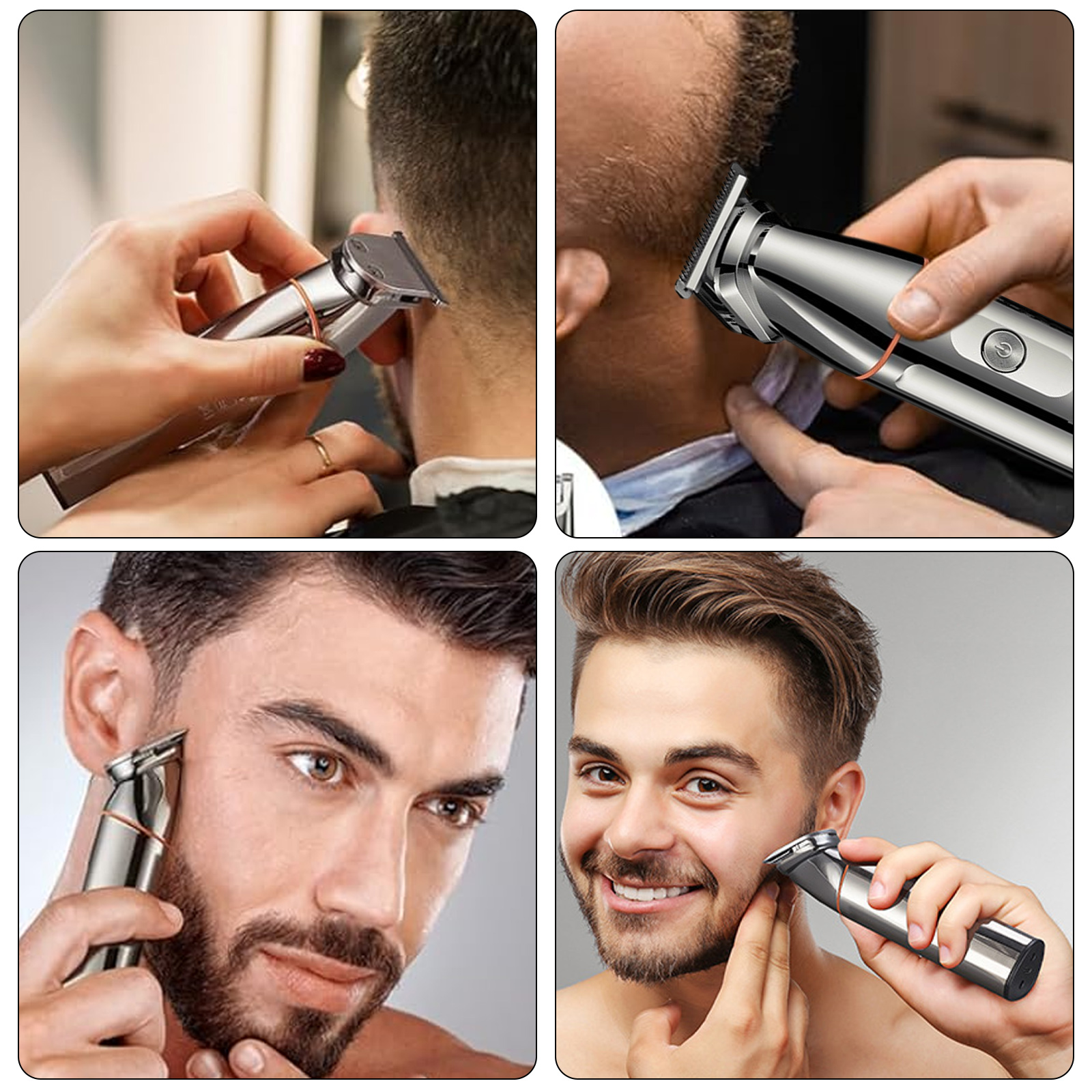 Vier Bilder, die einen Mann beim Rasieren zeigen. Der Rasierer ist silber und schwarz. Die Männer sind unterschiedlich.