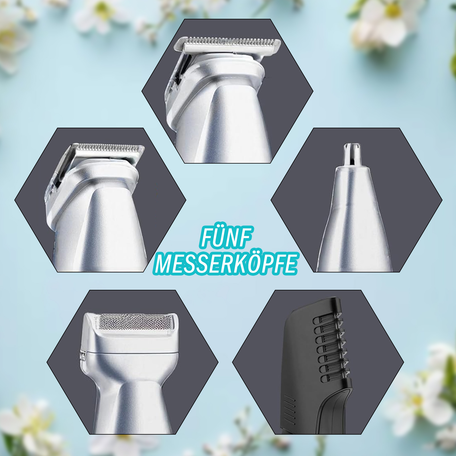 Fünf Rasiererköpfe mit unterschiedlichen Designs. Die Rasiererköpfe sind silberfarben. Hintergrund ist hellblau und weiß.