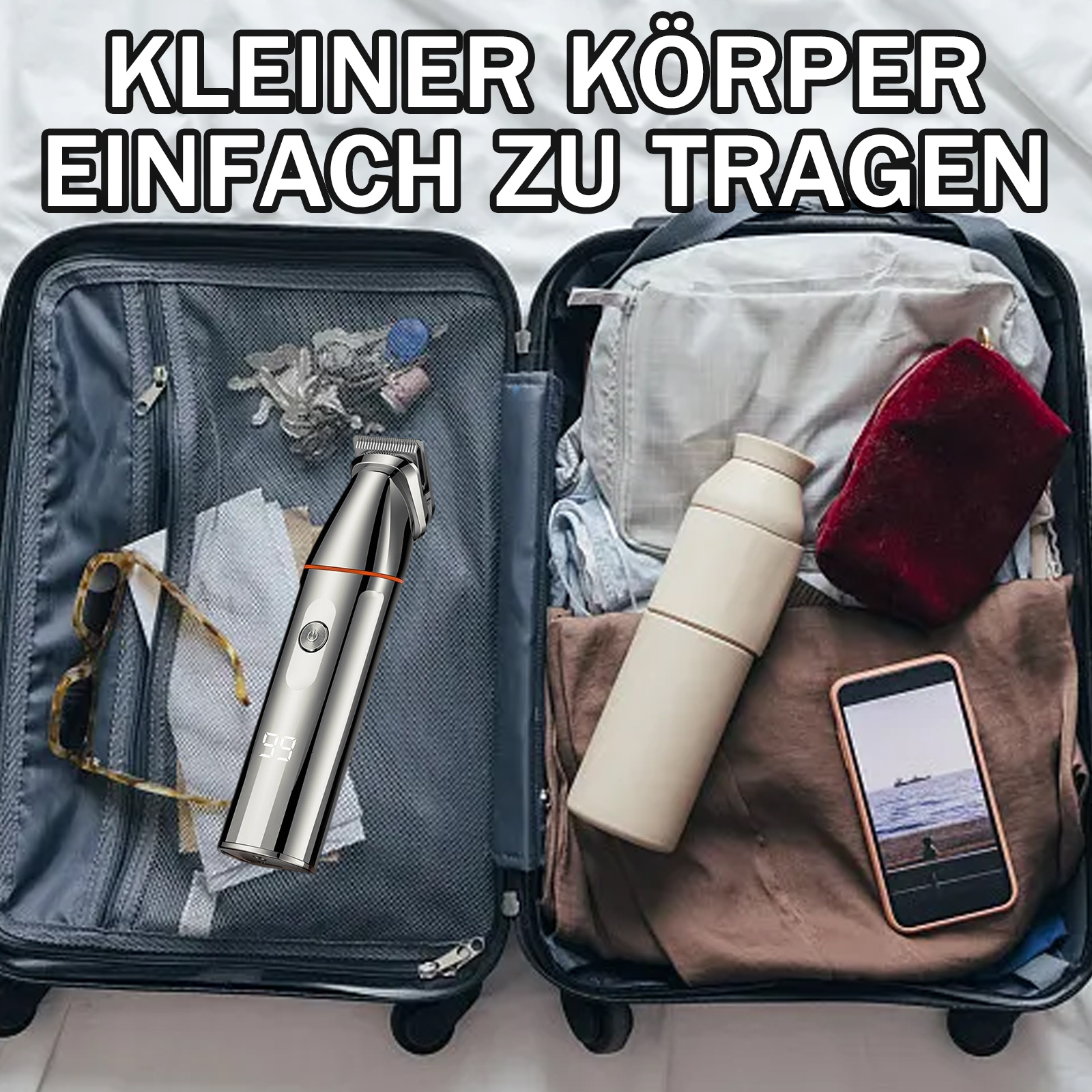 Offener Koffer mit Trimmer, Sonnenbrille und anderen Reiseutensilien.