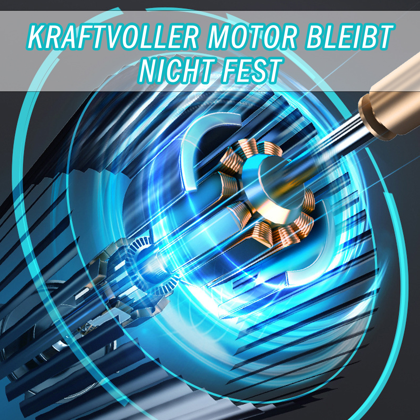 Nahaufnahme eines Motors, der die inneren Komponenten zeigt. Der Motor hat blaue Akzente.