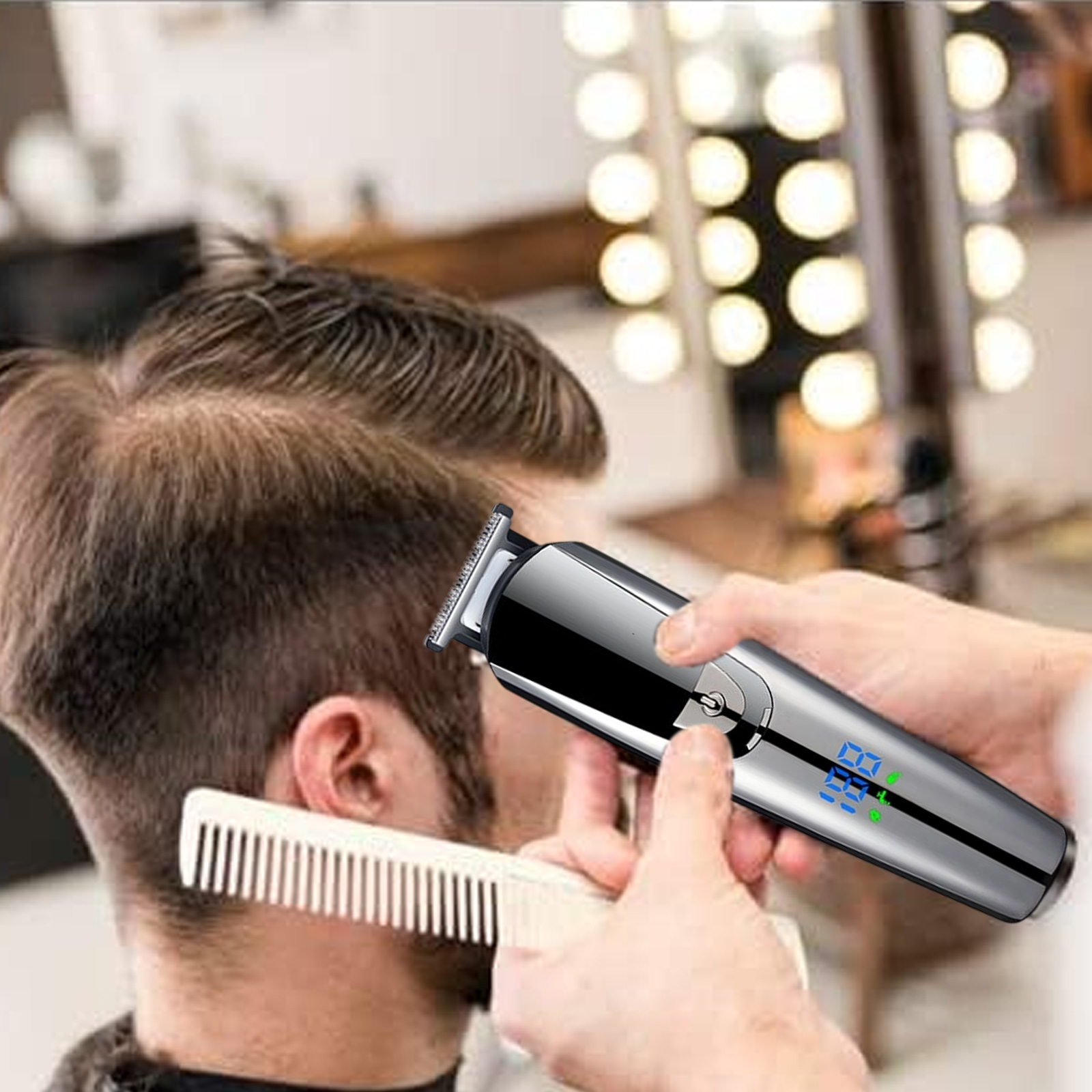 Ein Mann bekommt mit Trimmer und Kamm einen Haarschnitt.