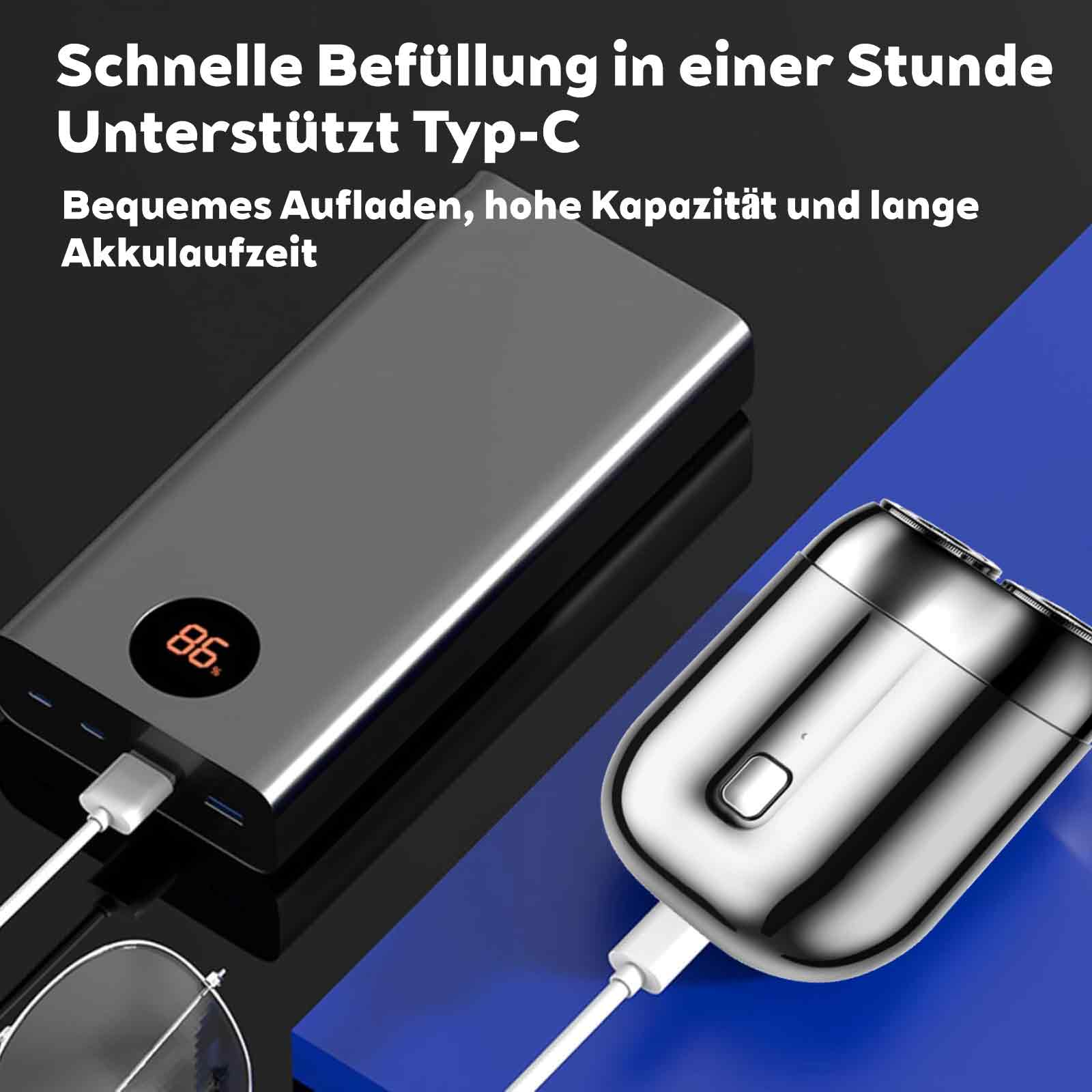 Powerbank lädt Rasierer, mit Text, der schnelles Aufladen bewirbt.