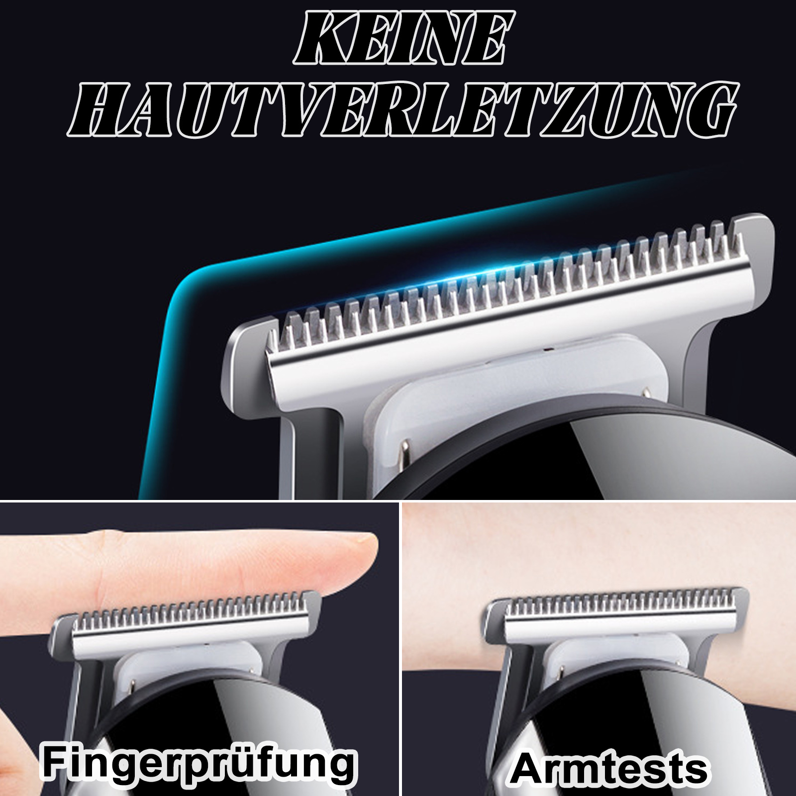 Nahaufnahme der Trimmerklingen mit Finger- und Armtests, die Sicherheit zeigen.