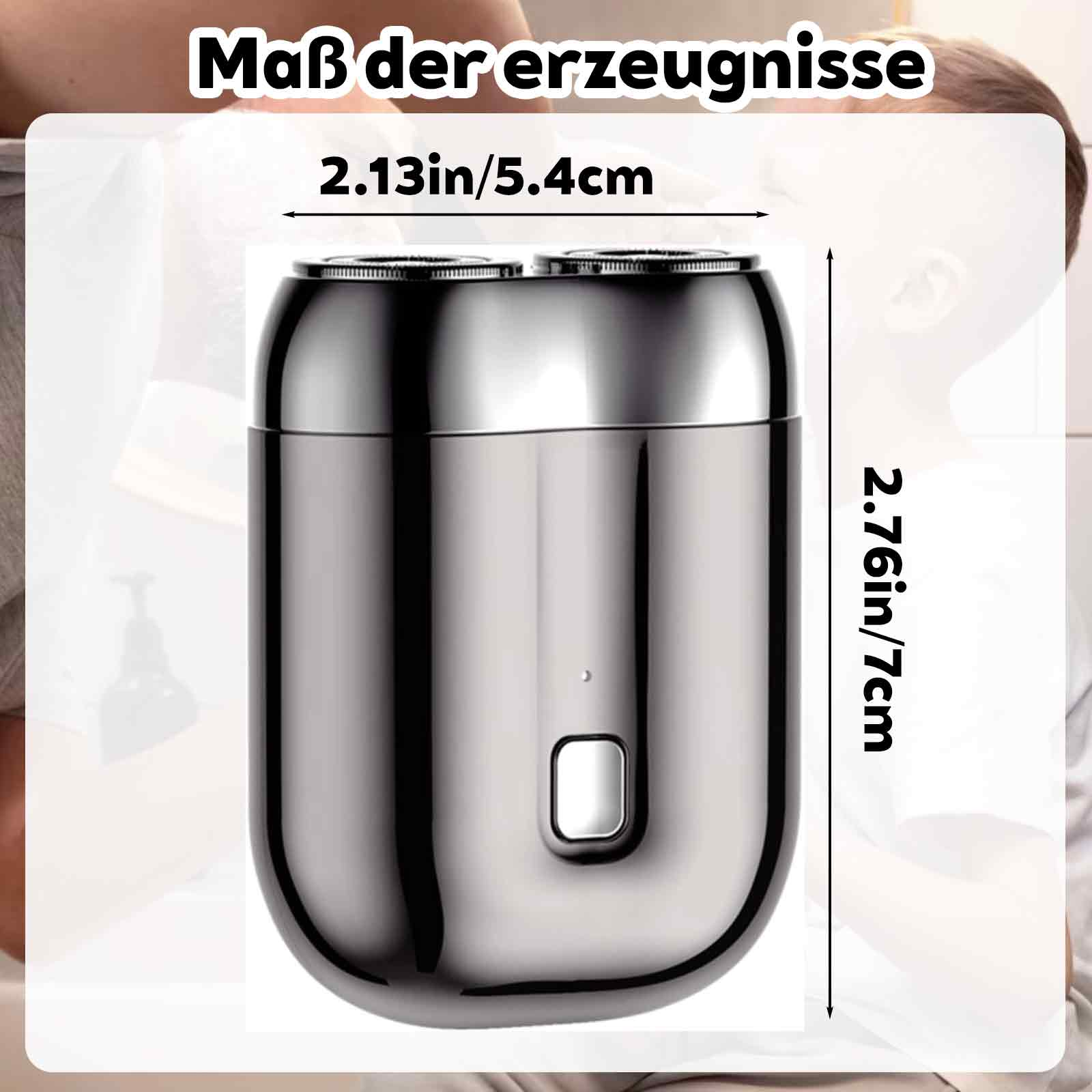 Silberner Elektrorasierer mit Maßangaben, misst 2,13 Zoll/5,4 cm und 2,76 Zoll/7 cm.