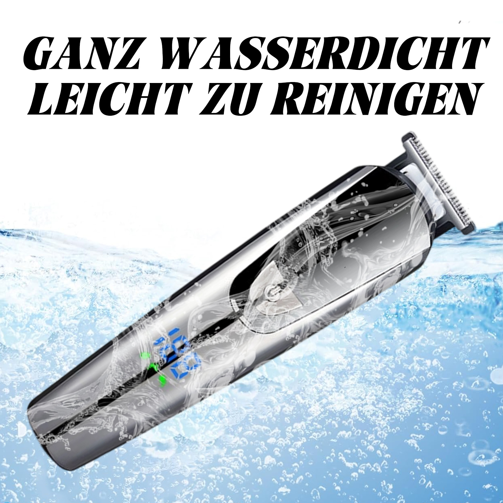 Silberner und schwarzer Haarschneider im Wasser, mit Blasen und Text oben.
