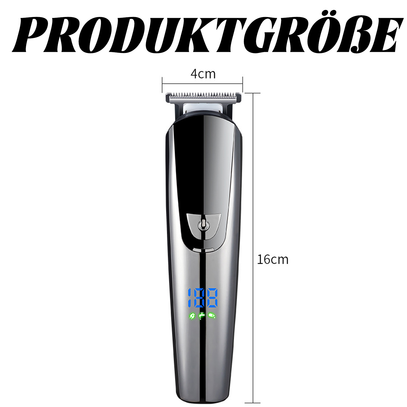 Silberner Haarschneider mit Abmessungen von 4 cm Breite und 16 cm Höhe, Digitalanzeige.