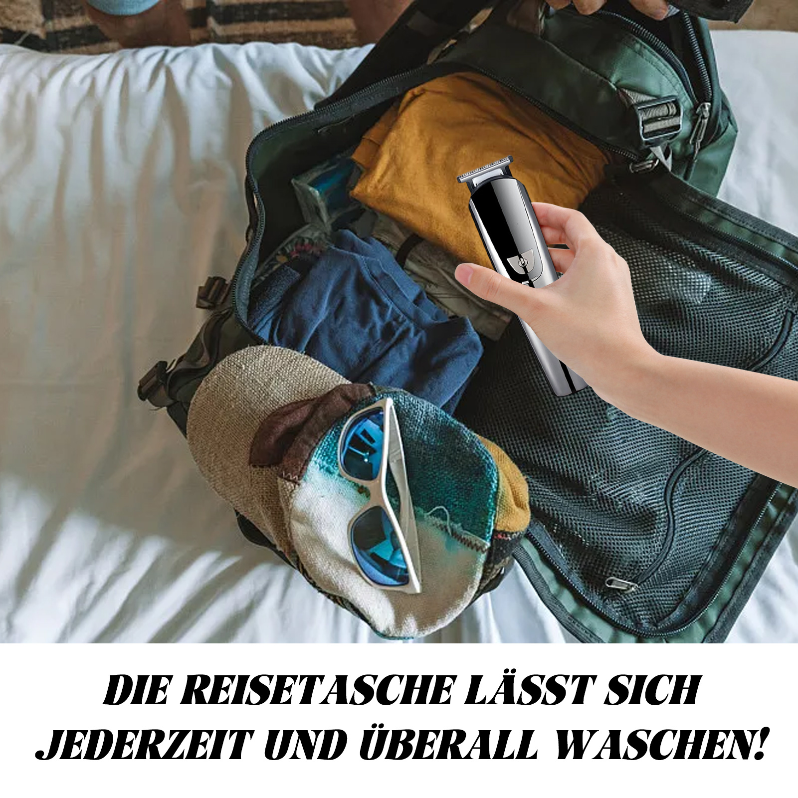Hand eines Mannes, die einen silbernen Trimmer in einer teilweise geöffneten schwarzen Reisetasche hält.