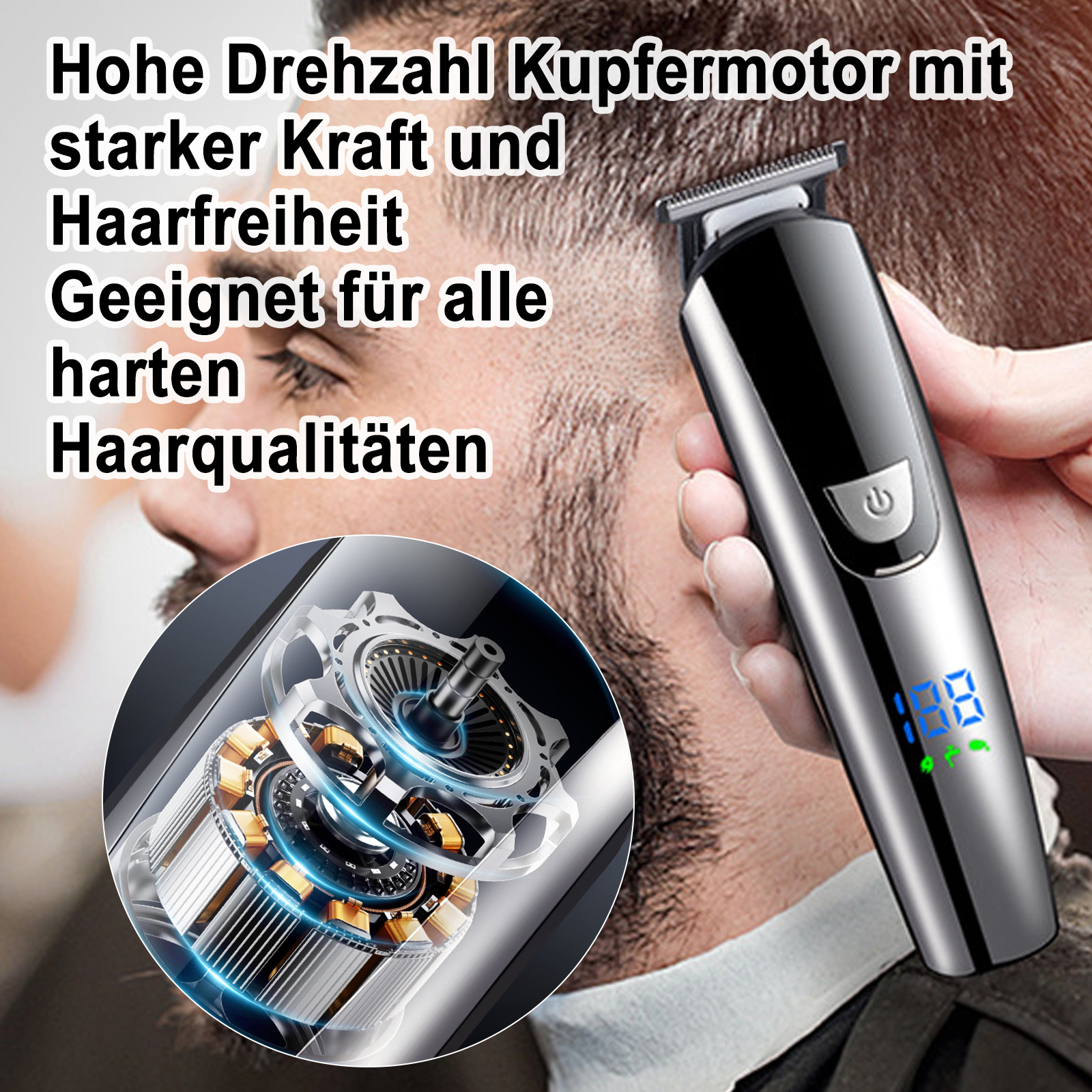 Mann benutzt einen silbernen und schwarzen Haarschneider, mit Spezifikationen an der Seite.