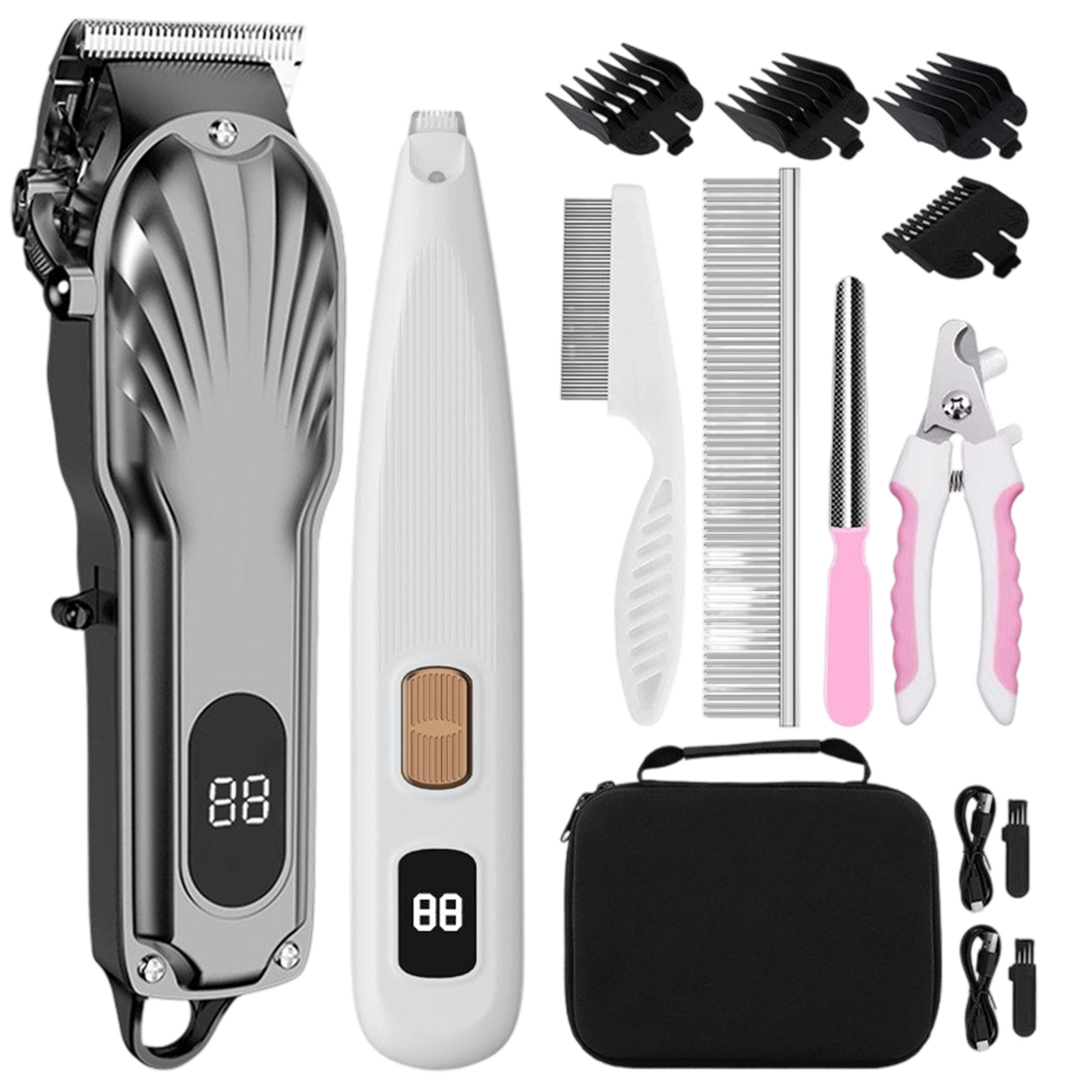 Set von Pflege-Werkzeugen, einschließlich Clipper, Trimmer, Kämme und Zubehör.