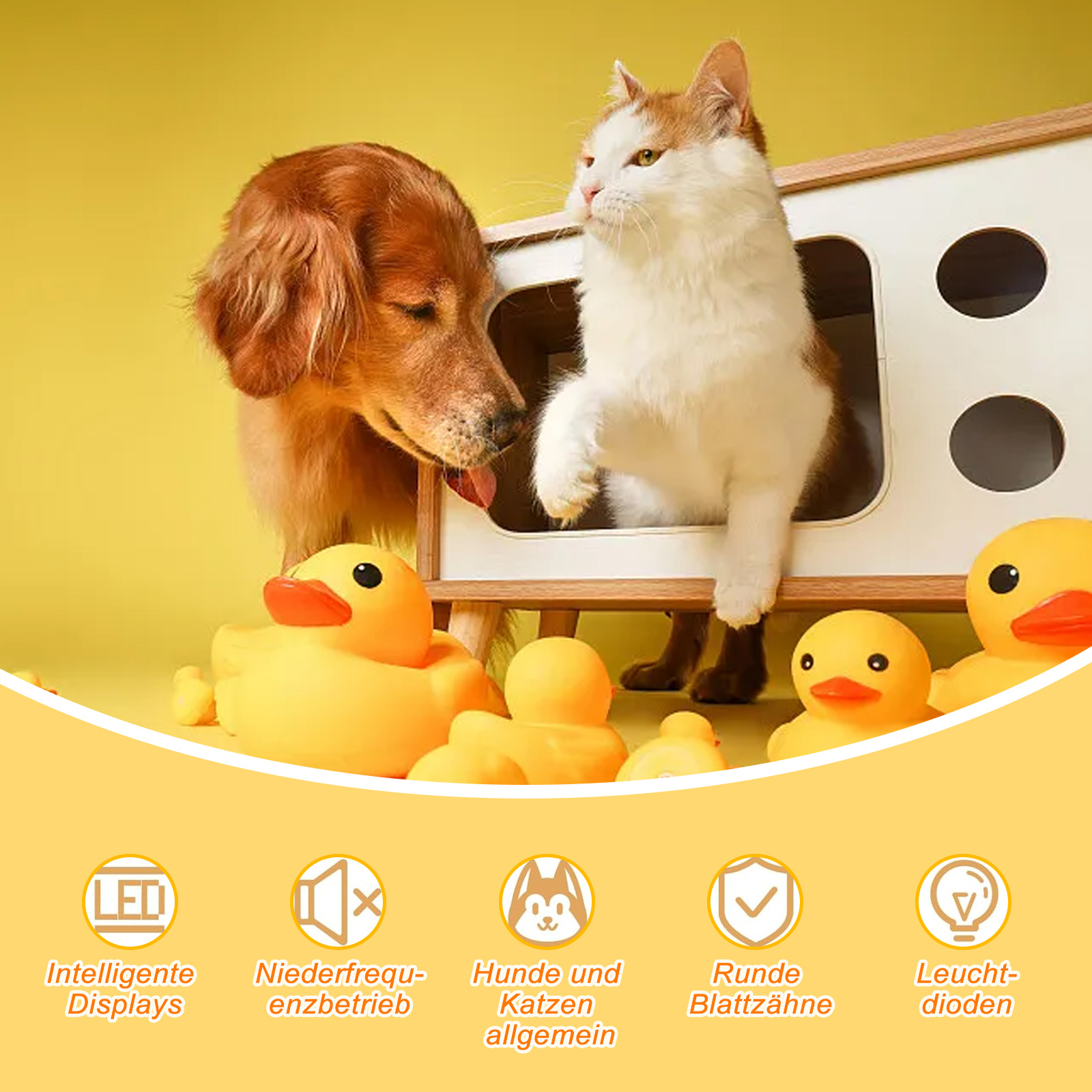 Ein Hund und eine Katze in der Nähe einer kleinen weißen Box mit gelben Enten und Symbolen. Der Hintergrund ist gelb.