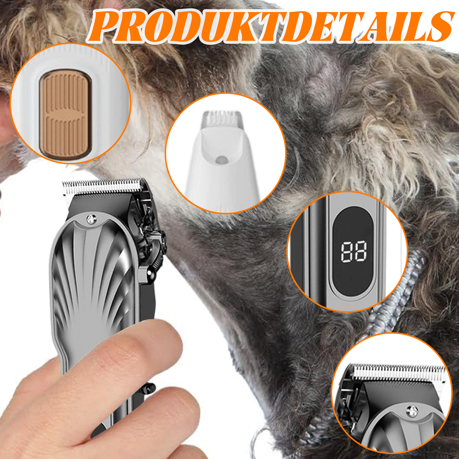 Ein Haarschneider wird von einer Hand gehalten, Nahaufnahmen des Clippers und des Fells eines Hundes.