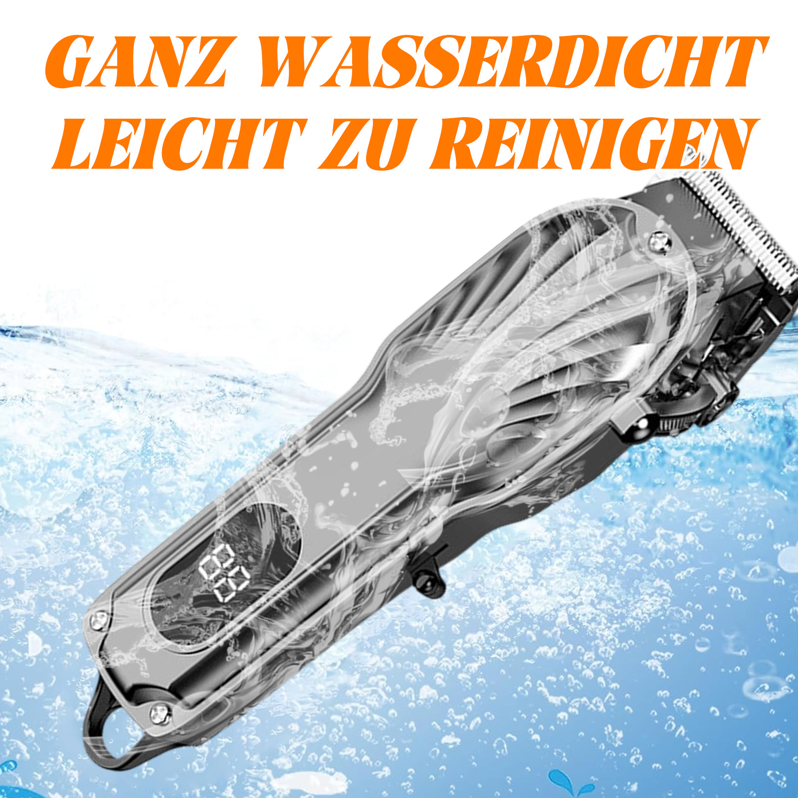 Ein silberner Haarschneider mit deutschem Text vor blauem Wasserhintergrund.