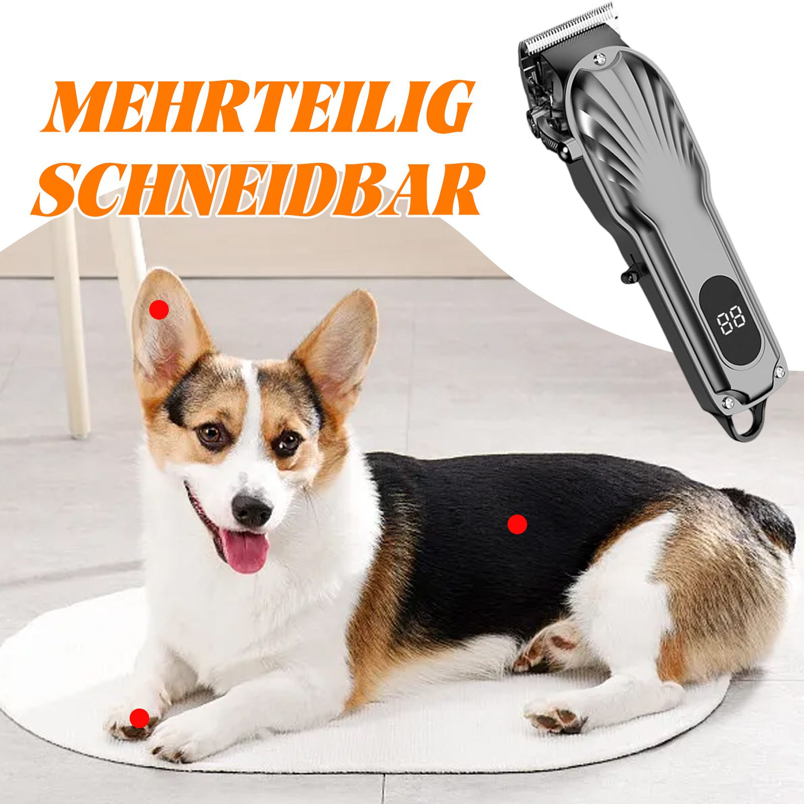 Ein Hund liegt auf einer weißen Matte. Rechts ist ein Haarschneider. Text auf Deutsch steht oben.
