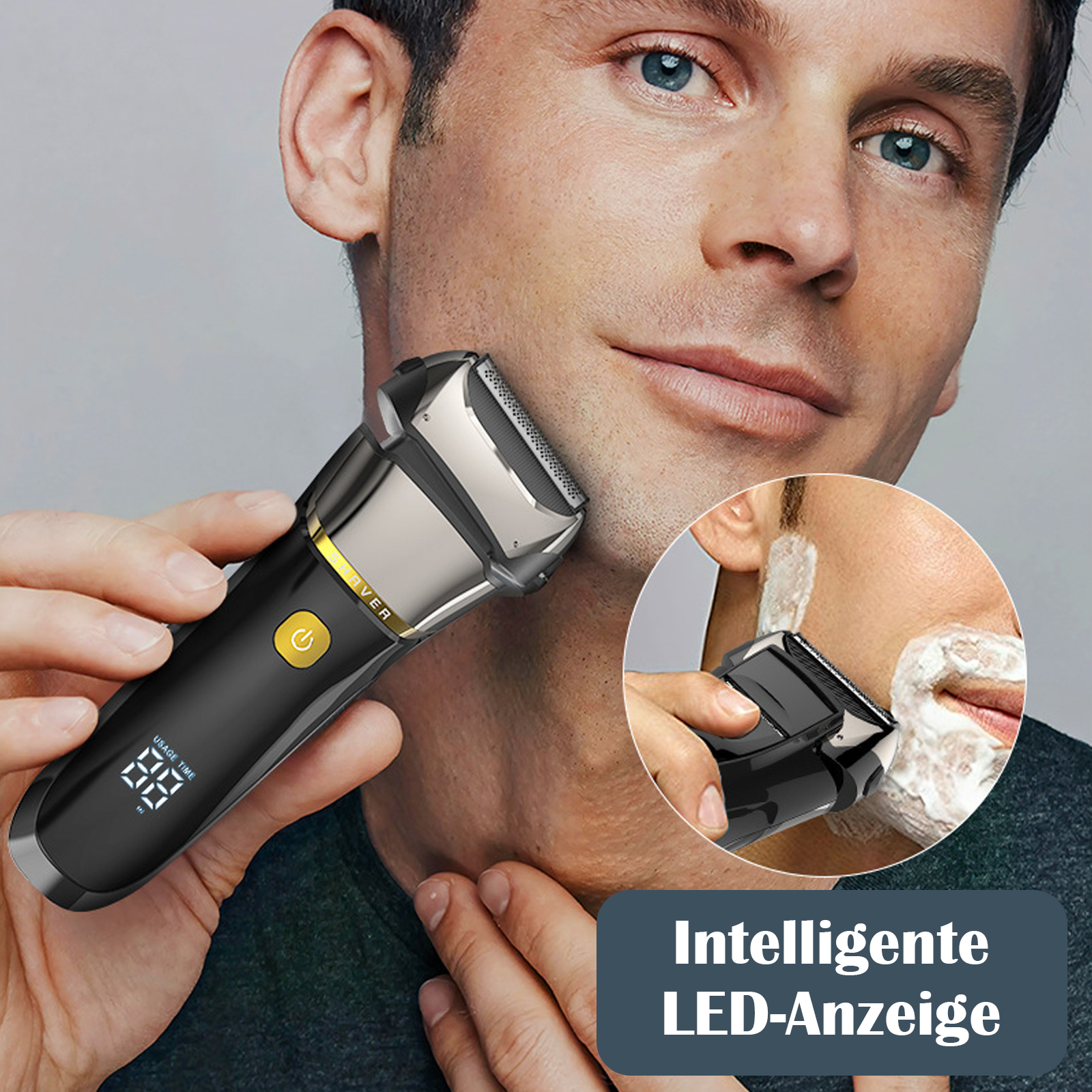 Ein Mann rasiert sich mit einem schwarz-silbernen Rasierer das Gesicht, mit einem Einsatz, der den Rasiervorgang zeigt.