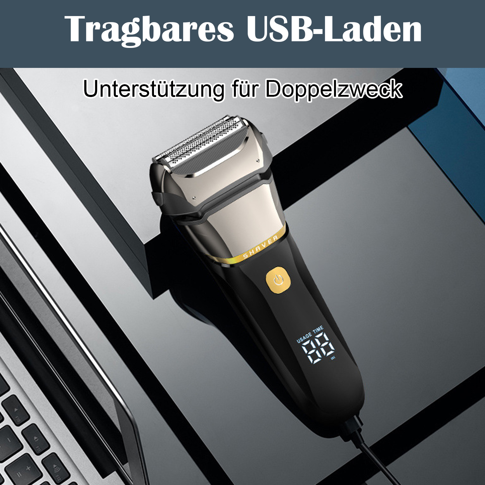 Ein schwarz-silberner Rasierer mit Ladekabel, mit Text über USB-Aufladung und Unterstützung.
