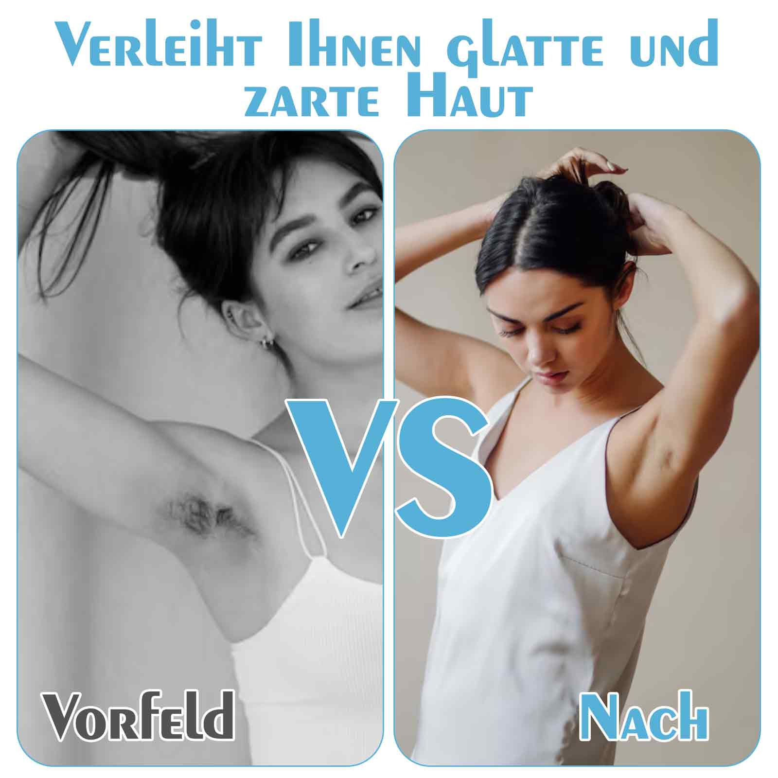 Ein Vergleichsbild, das eine Frau mit behaarten und unbehaarten Achselhöhlen zeigt, mit Text darüber.