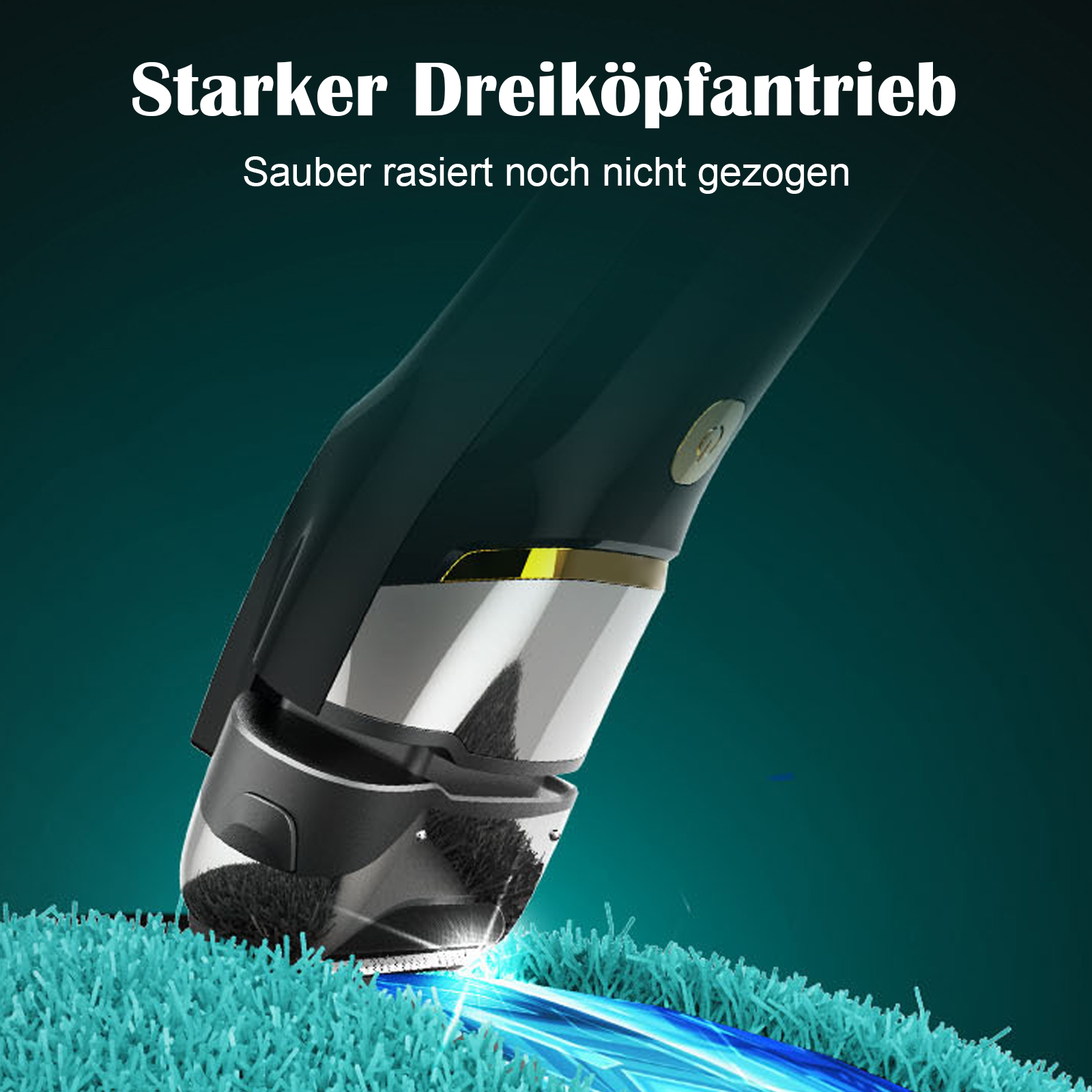 Ein Elektrorasierer mit drei Köpfen, der eine Nahaufnahme der Klingen und des grünen Grases zeigt.
