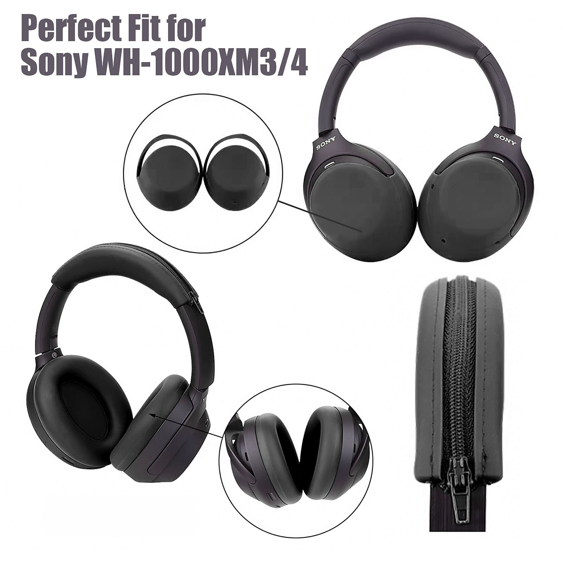 Kopfhörer und Hülle, alles schwarz. Der Text oben lautet: „Perfect Fit for Sony WH-1000XM3/4“.