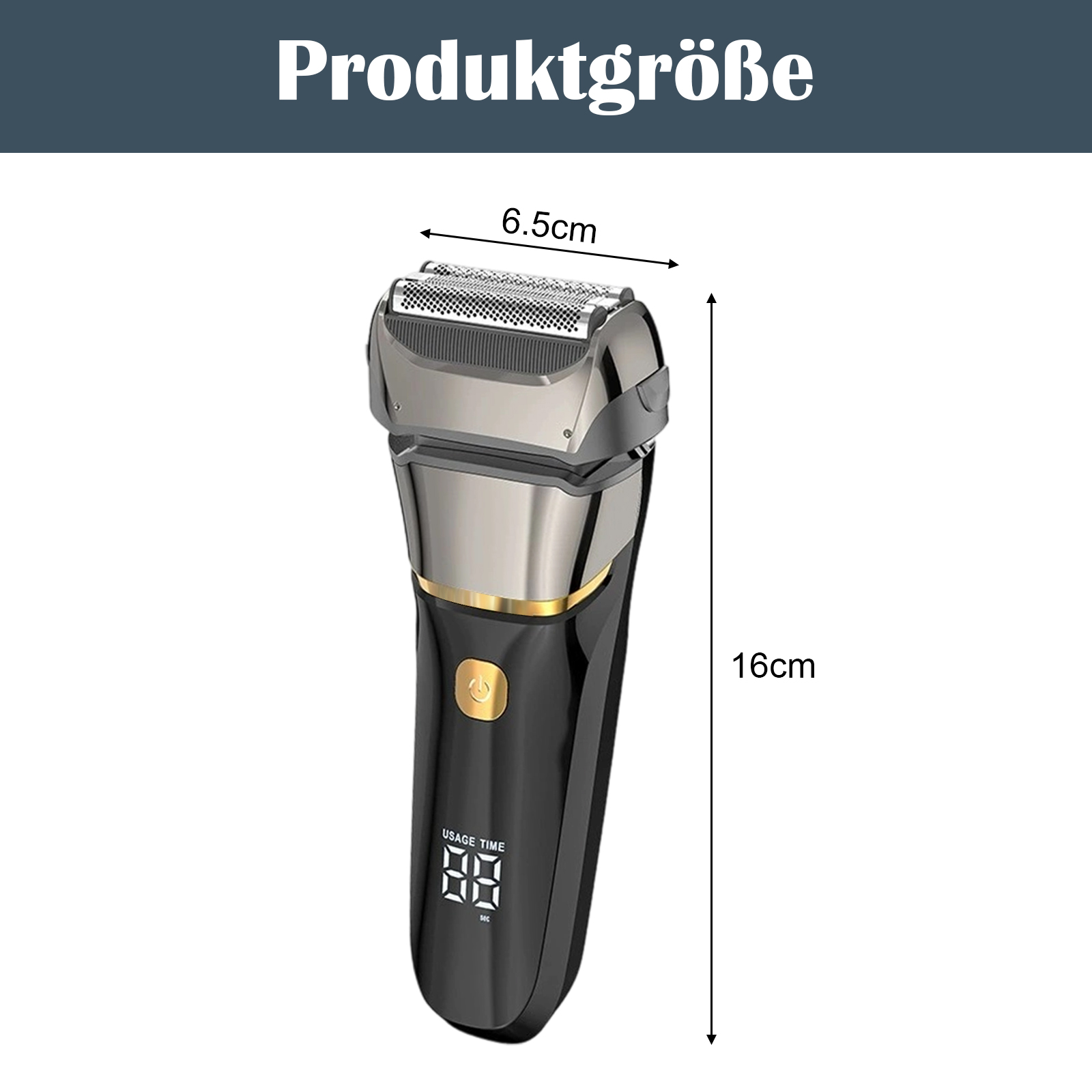 Ein schwarz-goldener Haarschneider. Text auf Deutsch oben.