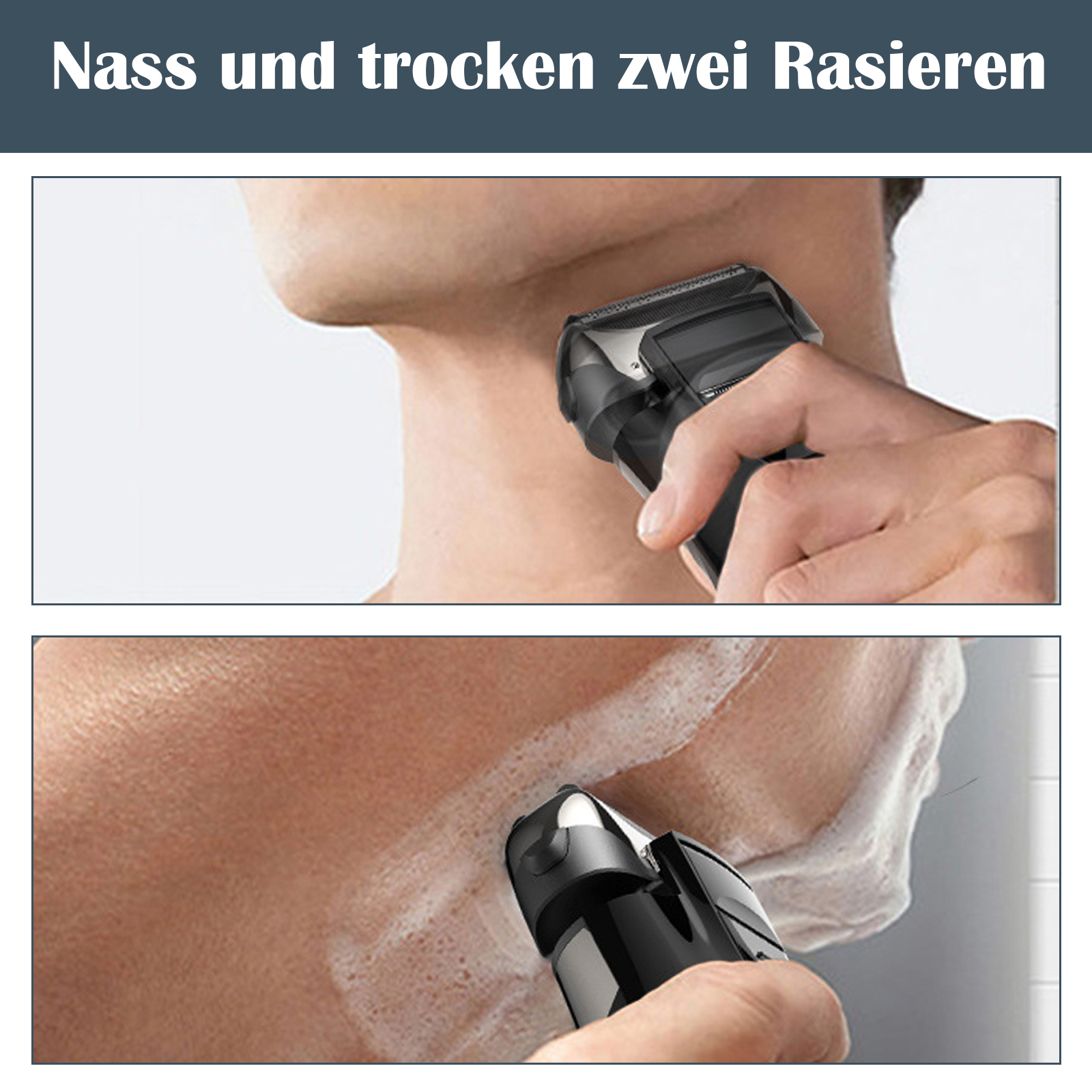 Ein Mann rasiert seinen Hals mit einem schwarzen Rasierer und zeigt sowohl Nass- als auch Trockenrasurtechniken.