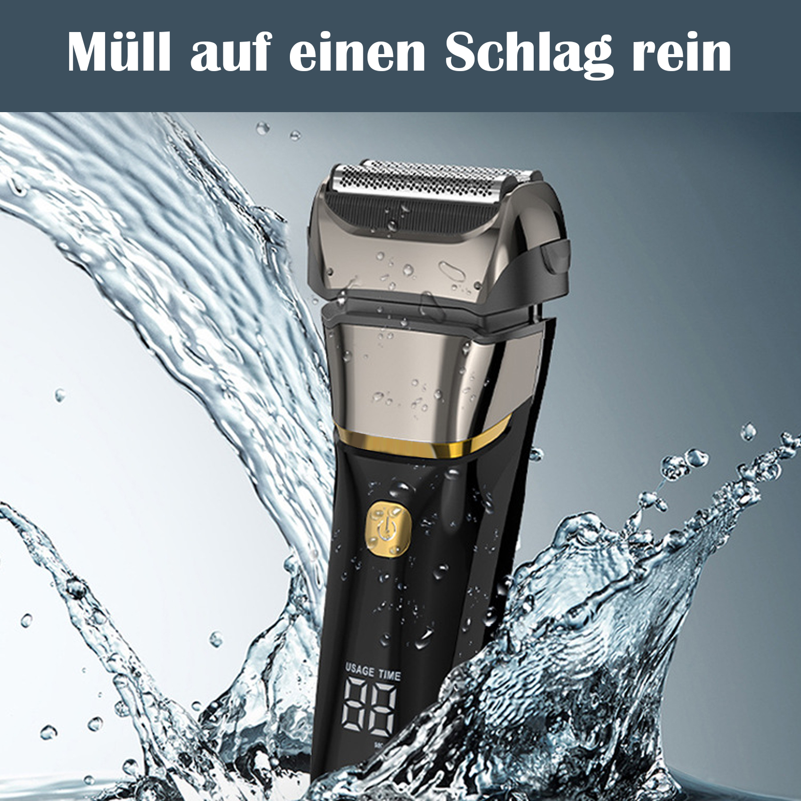 Ein schwarz-silberner Elektrorasierer mit Wasserspritzern, mit Digitalanzeige.